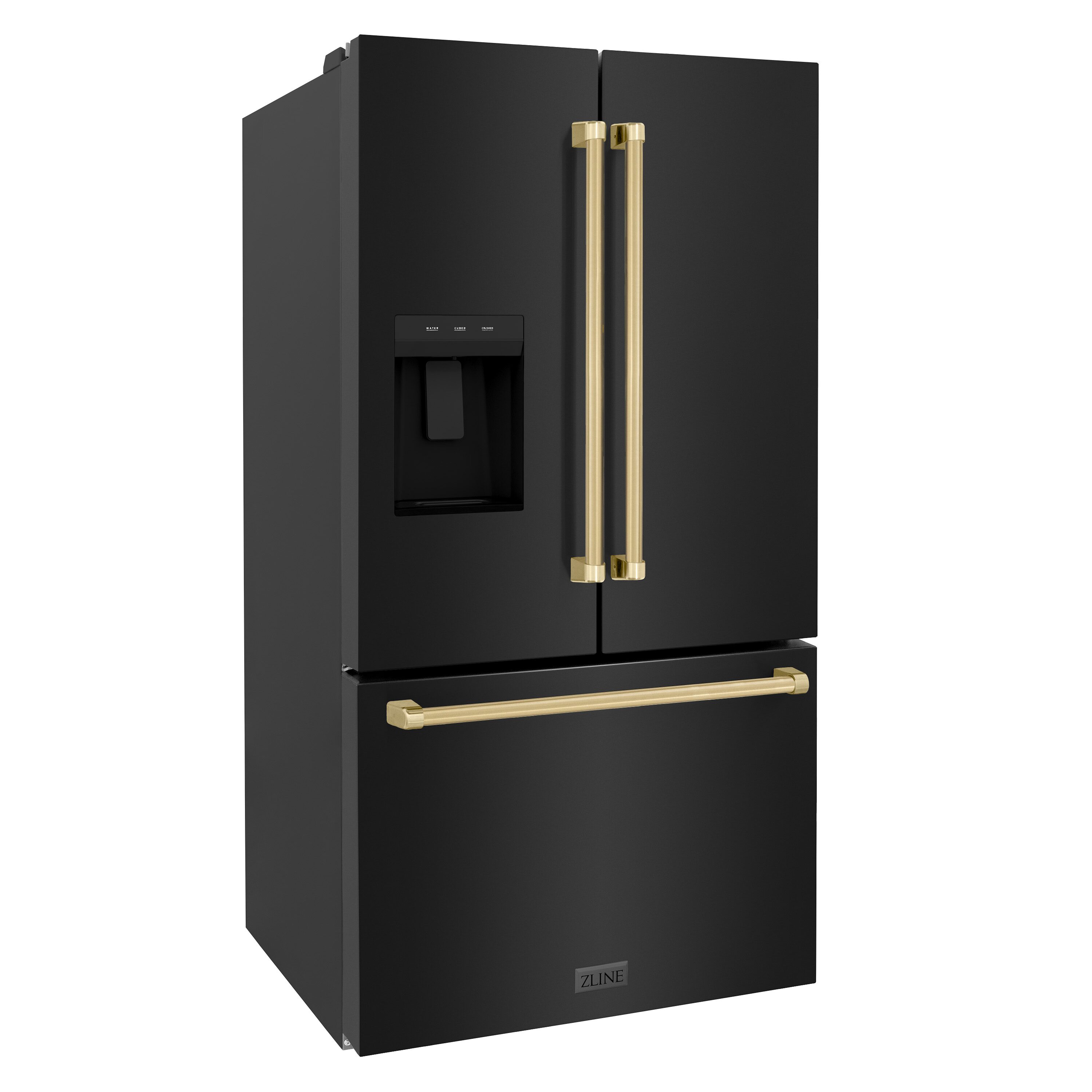 Refrigerador francés de 3 puertas estándar de 28.9 pies cúbicos con fabricador de hielo y dispensador de agua y hielo - Acero inoxidable negro con manija de bronce champán, certificado ENERGY STAR