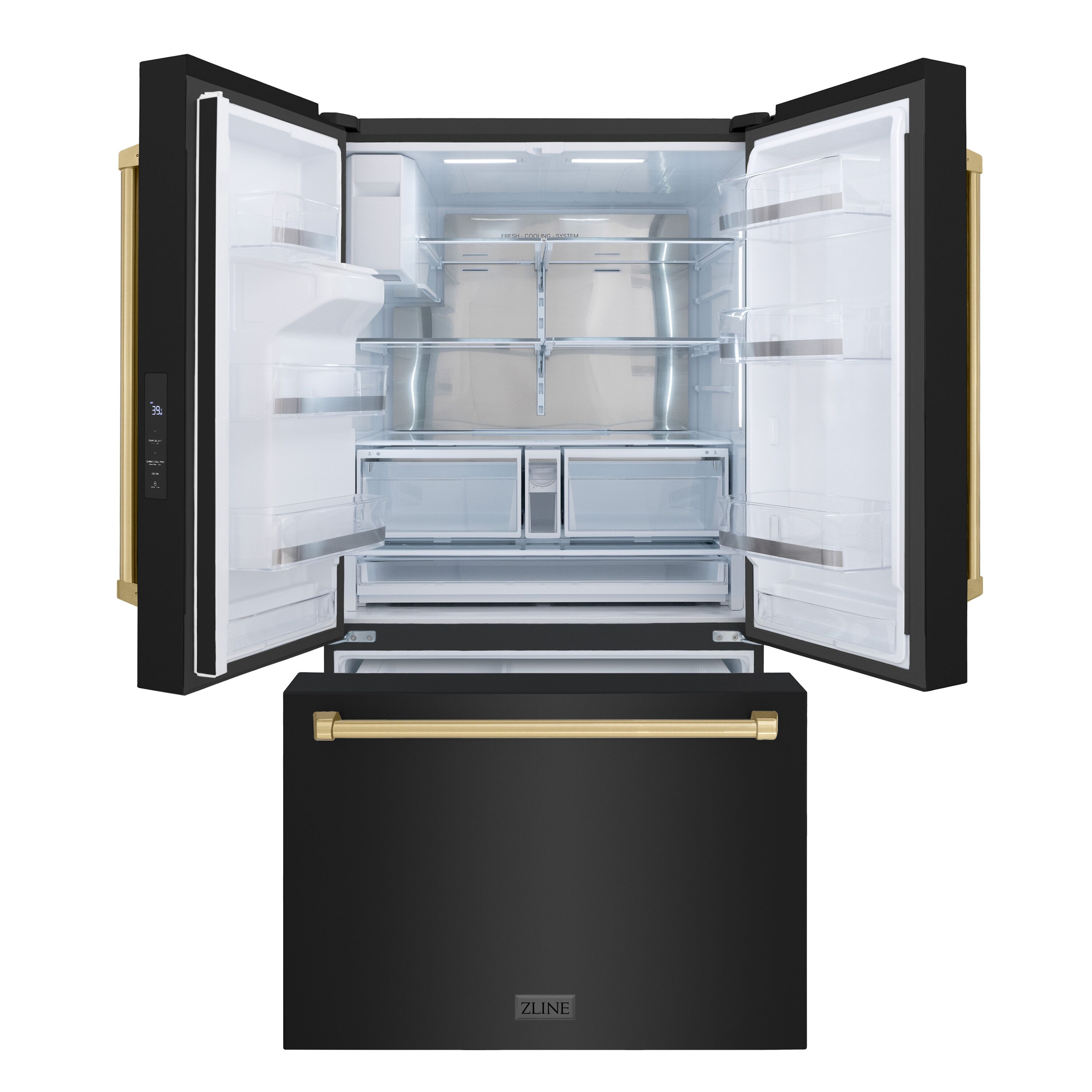 Refrigerador francés de 3 puertas estándar de 28.9 pies cúbicos con fabricador de hielo y dispensador de agua y hielo - Acero inoxidable negro con manija de bronce champán, certificado ENERGY STAR