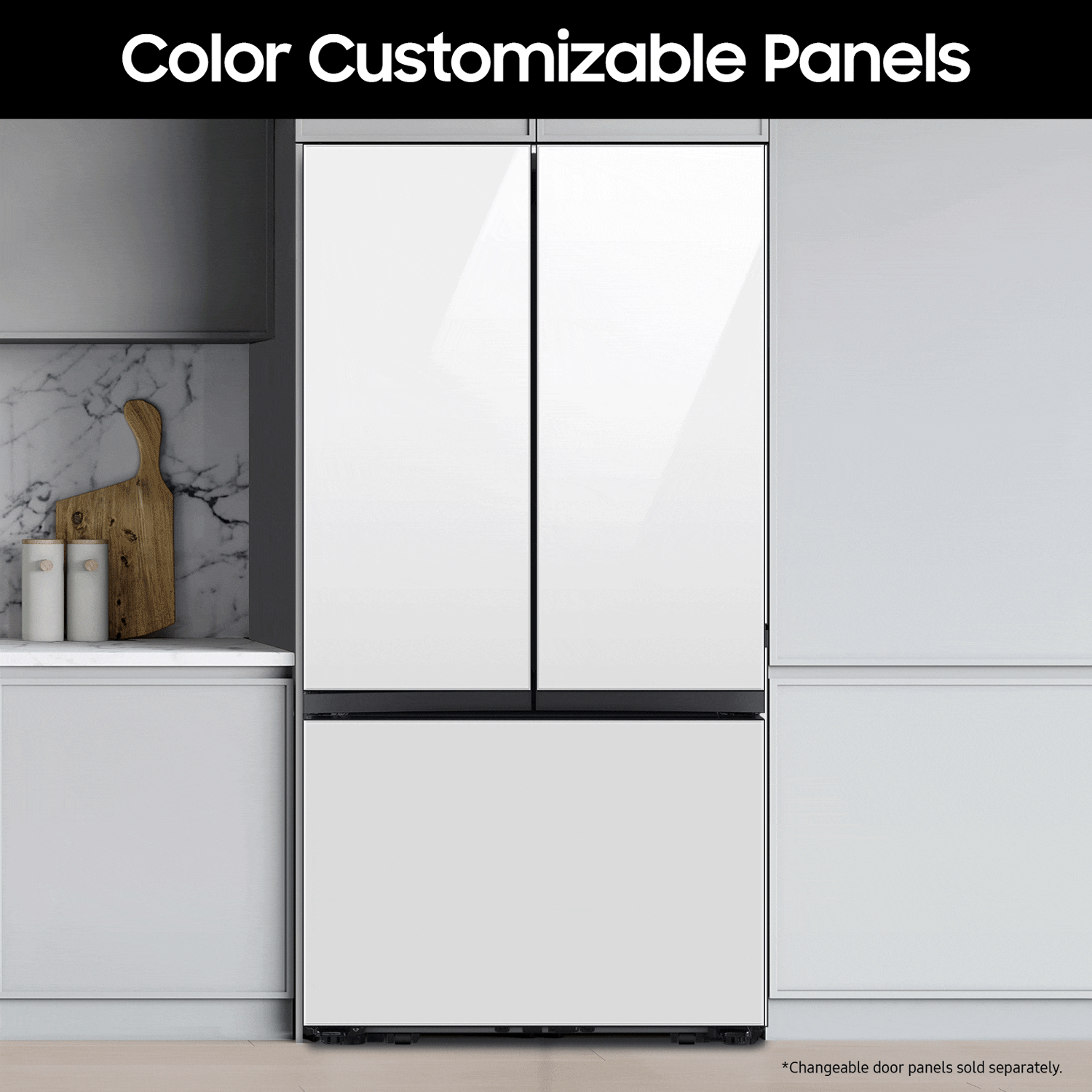 Refrigerador Francés de 30.1 pies cúbicos de Samsung Standard-Depth Bespoke con 3 puertas, compatible con Smart, con doble fabricador de hielo y dispensador de agua (Panel Blanco de vidrio - Todos los Paneles) Certificado ENERGY STAR RF30BB620012