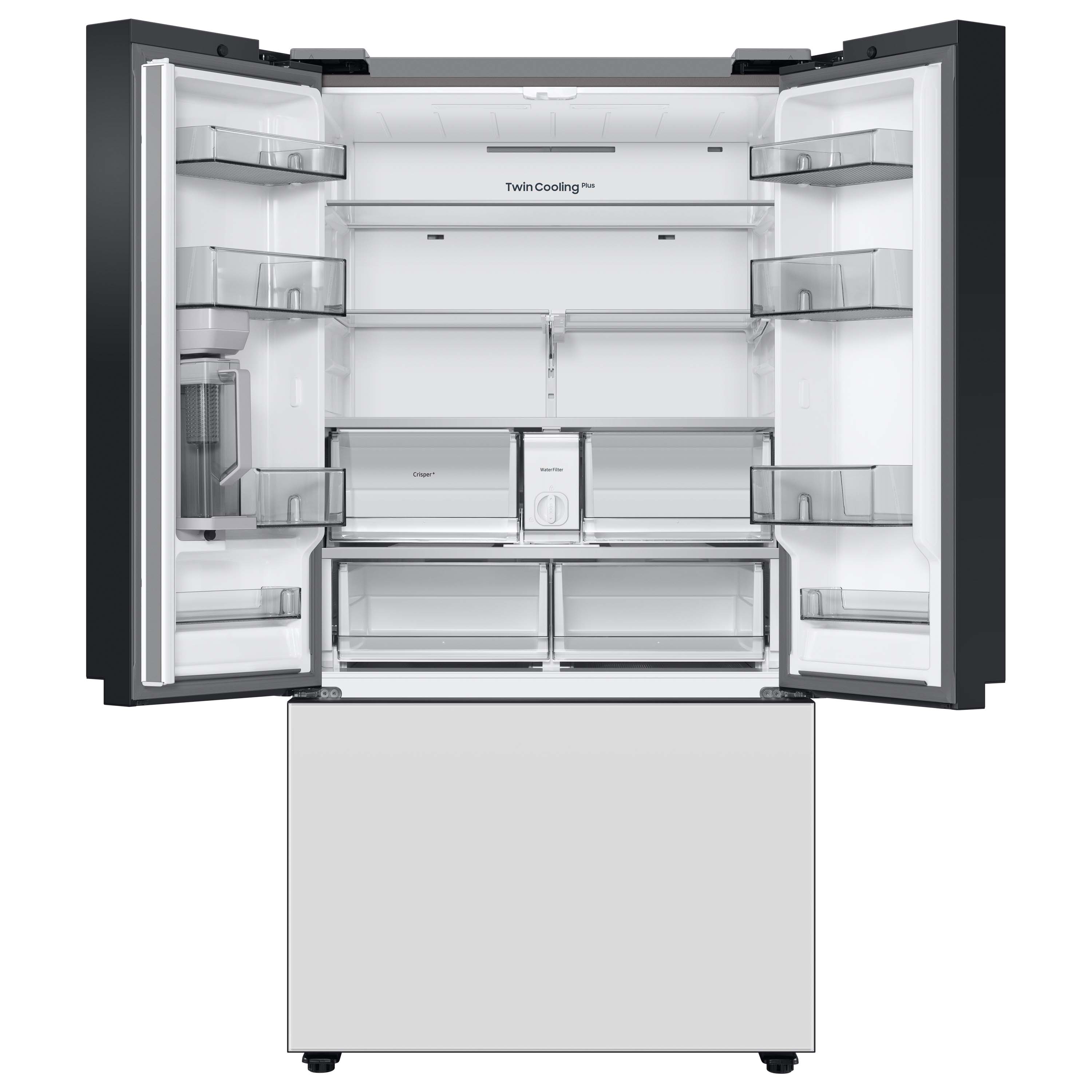 Refrigerador Francés de 30.1 pies cúbicos de Samsung Standard-Depth Bespoke con 3 puertas, compatible con Smart, con doble fabricador de hielo y dispensador de agua (Panel Blanco de vidrio - Todos los Paneles) Certificado ENERGY STAR RF30BB620012