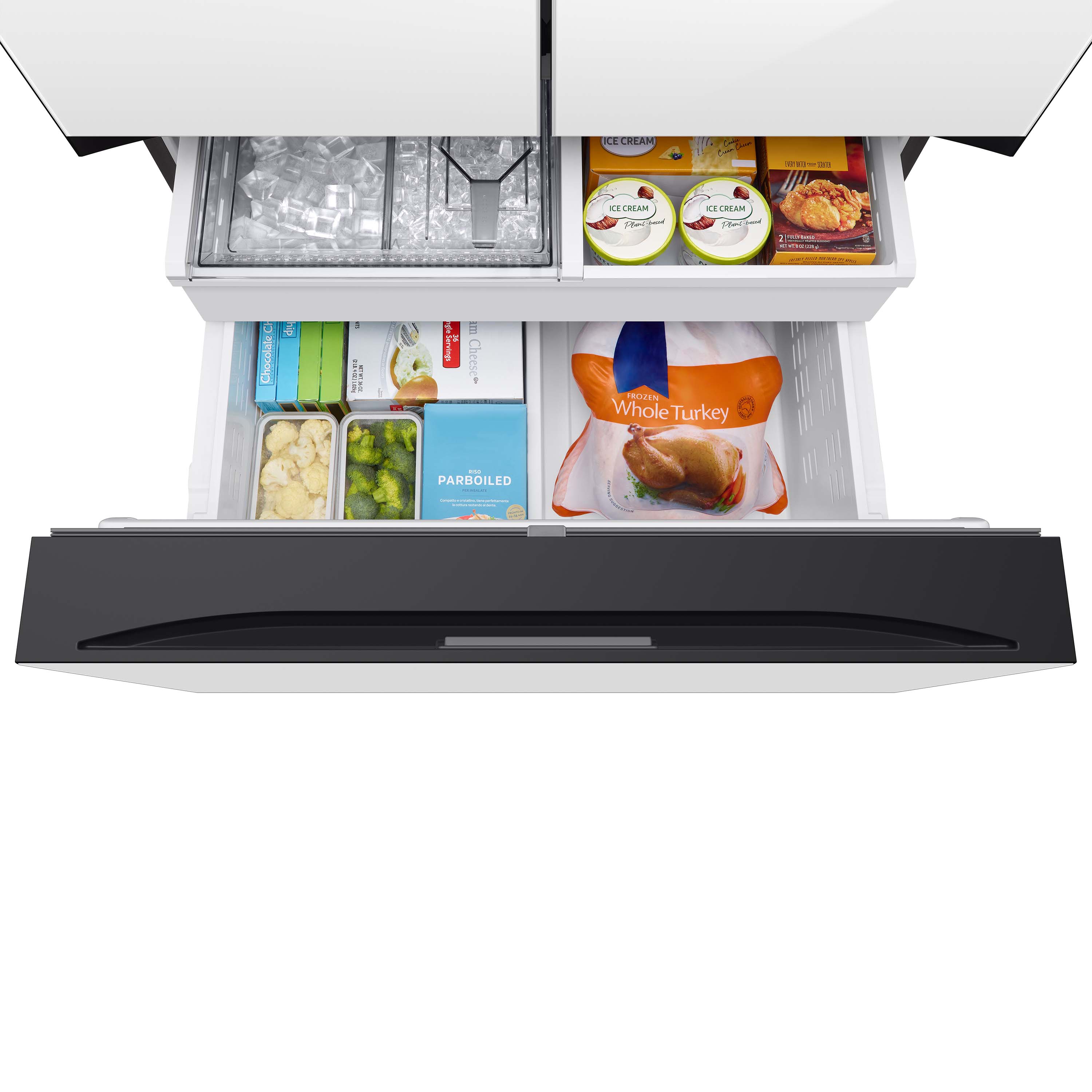 Refrigerador Francés de 30.1 pies cúbicos de Samsung Standard-Depth Bespoke con 3 puertas, compatible con Smart, con doble fabricador de hielo y dispensador de agua (Panel Blanco de vidrio - Todos los Paneles) Certificado ENERGY STAR RF30BB620012