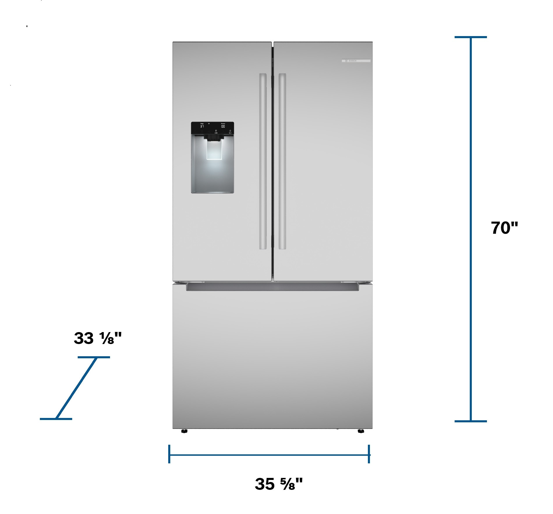 Refrigerador francés Bosch 300 Series de 26 pies cúbicos de profundidad estándar con 3 puertas compatible con tecnología inteligente, fabricador de hielo, dispensador de agua e hielo (acero inoxidable) Certificado ENERGY STAR B36FD31ENS