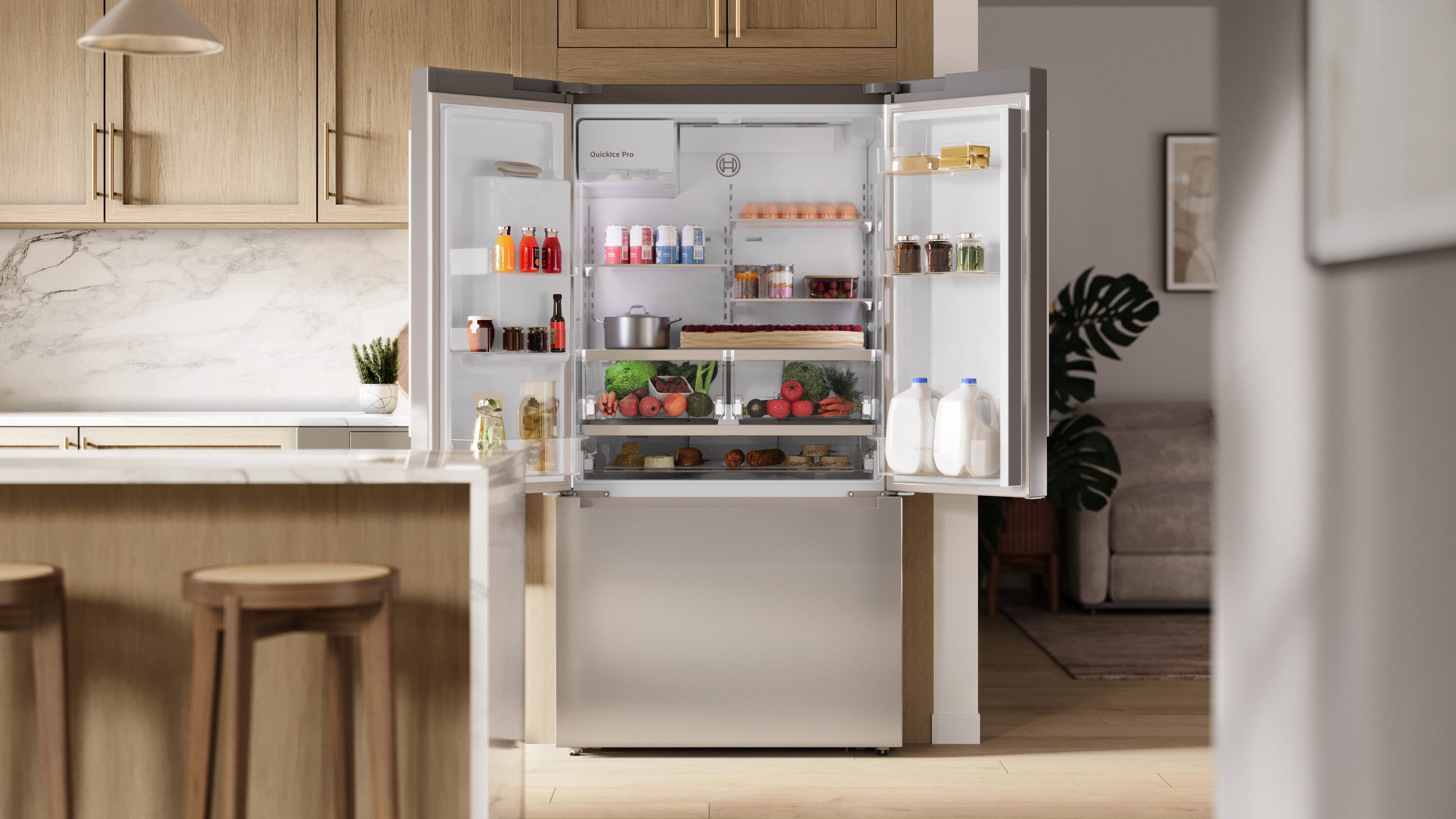 Refrigerador francés Bosch 300 Series de 26 pies cúbicos de profundidad estándar con 3 puertas compatible con tecnología inteligente, fabricador de hielo, dispensador de agua e hielo (acero inoxidable) Certificado ENERGY STAR B36FD31ENS