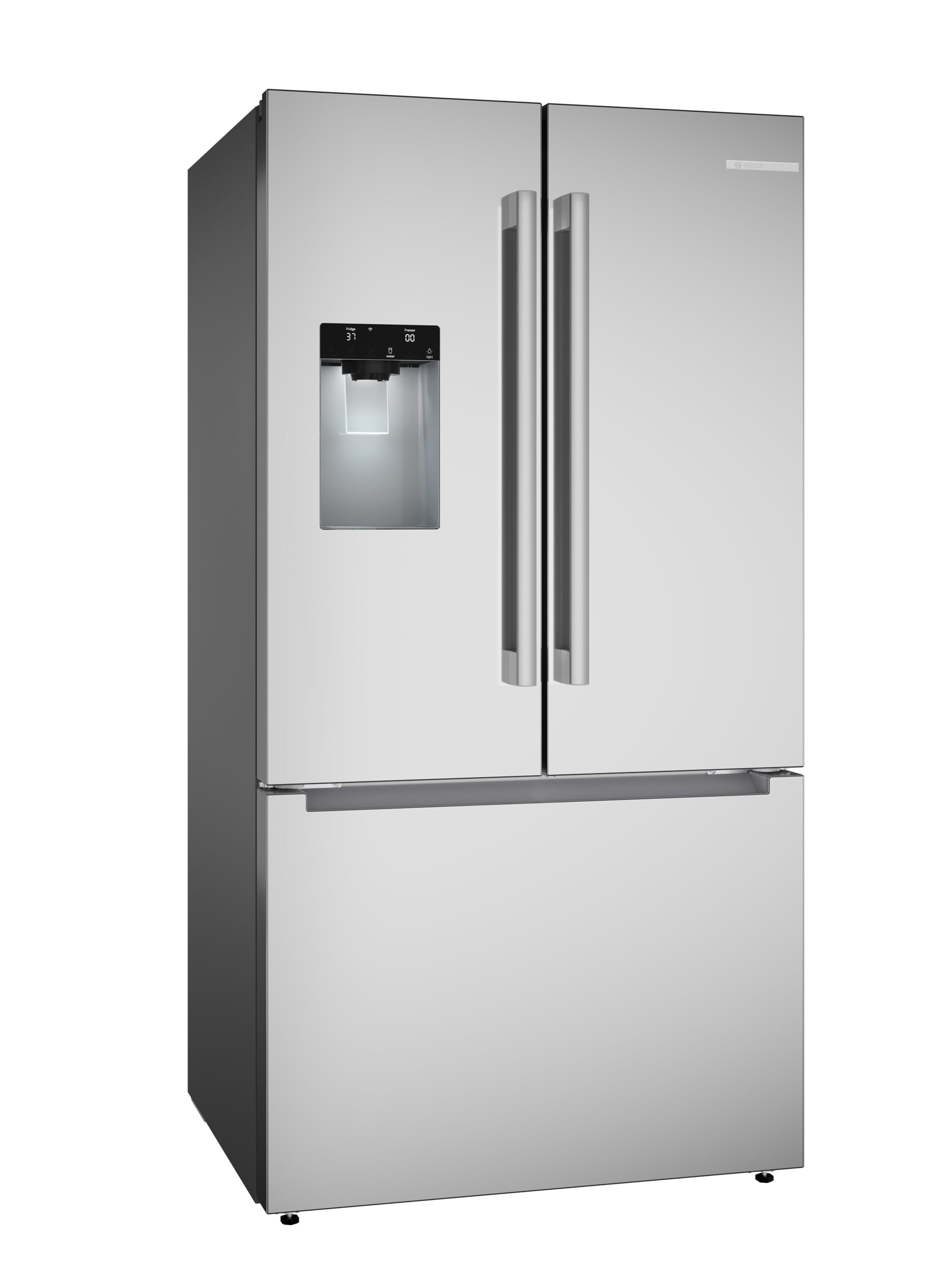 Refrigerador francés Bosch 300 Series de 26 pies cúbicos de profundidad estándar con 3 puertas compatible con tecnología inteligente, fabricador de hielo, dispensador de agua e hielo (acero inoxidable) Certificado ENERGY STAR B36FD31ENS