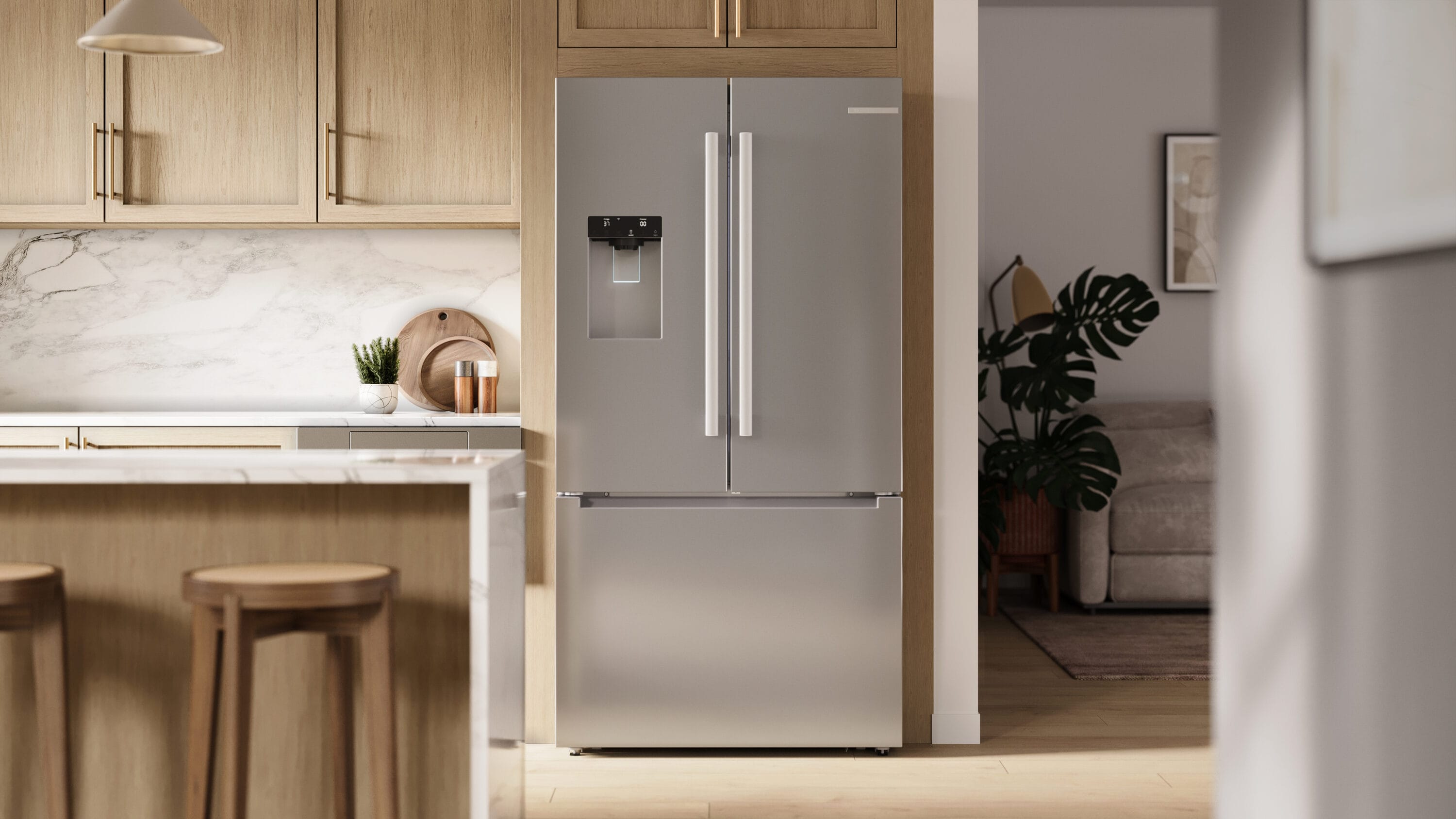Refrigerador francés Bosch 300 Series de 26 pies cúbicos de profundidad estándar con 3 puertas compatible con tecnología inteligente, fabricador de hielo, dispensador de agua e hielo (acero inoxidable) Certificado ENERGY STAR B36FD31ENS