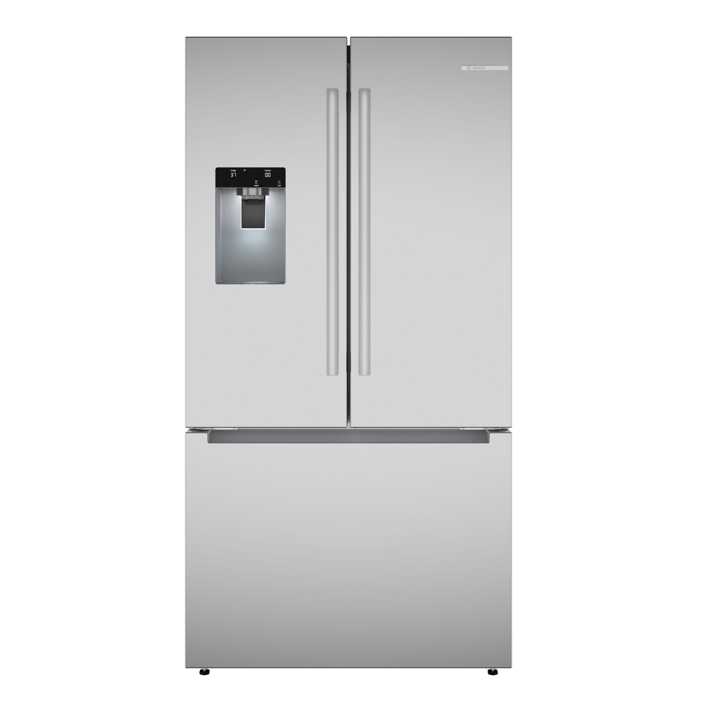 Refrigerador francés Bosch 300 Series de 26 pies cúbicos de profundidad estándar con 3 puertas compatible con tecnología inteligente, fabricador de hielo, dispensador de agua e hielo (acero inoxidable) Certificado ENERGY STAR B36FD31ENS