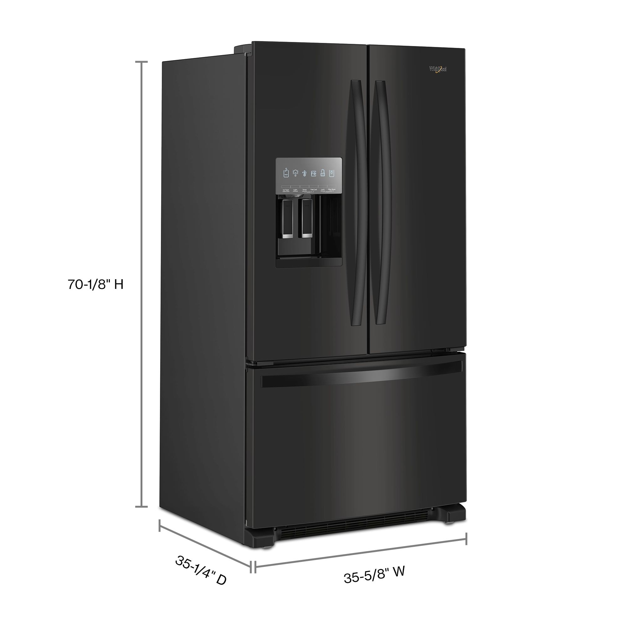 Refrigerador francés de tres puertas de profundidad estándar de 24.7 pies cúbicos con dispensador de hielo y agua (Negro) Certificado ENERGY STAR WRFF3436RB de Whirlpool.