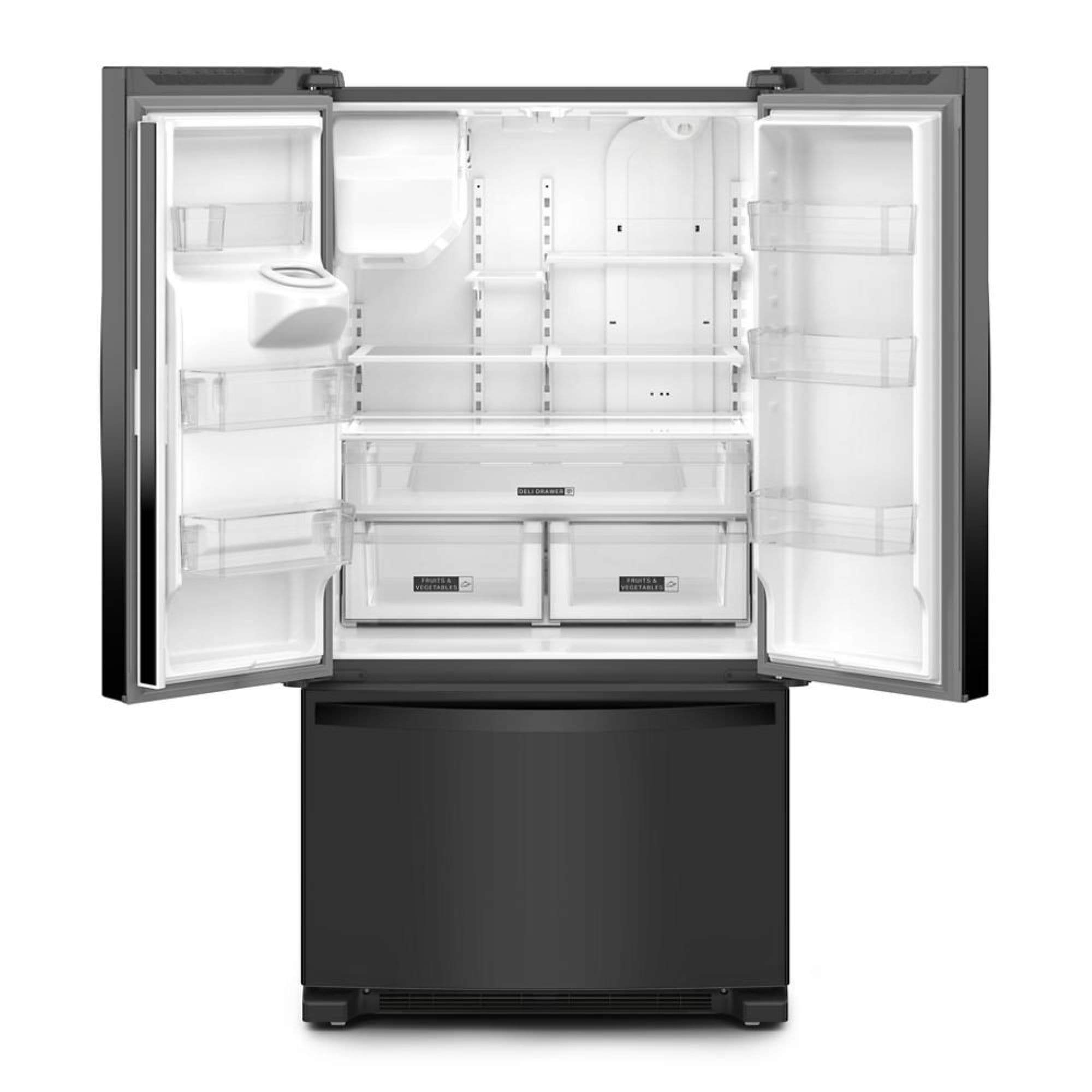Refrigerador francés de tres puertas de profundidad estándar de 24.7 pies cúbicos con dispensador de hielo y agua (Negro) Certificado ENERGY STAR WRFF3436RB de Whirlpool.