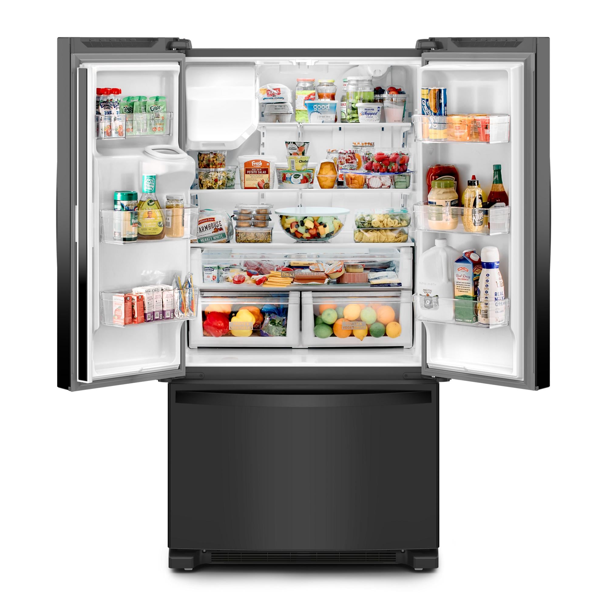 Refrigerador francés de tres puertas de profundidad estándar de 24.7 pies cúbicos con dispensador de hielo y agua (Negro) Certificado ENERGY STAR WRFF3436RB de Whirlpool.