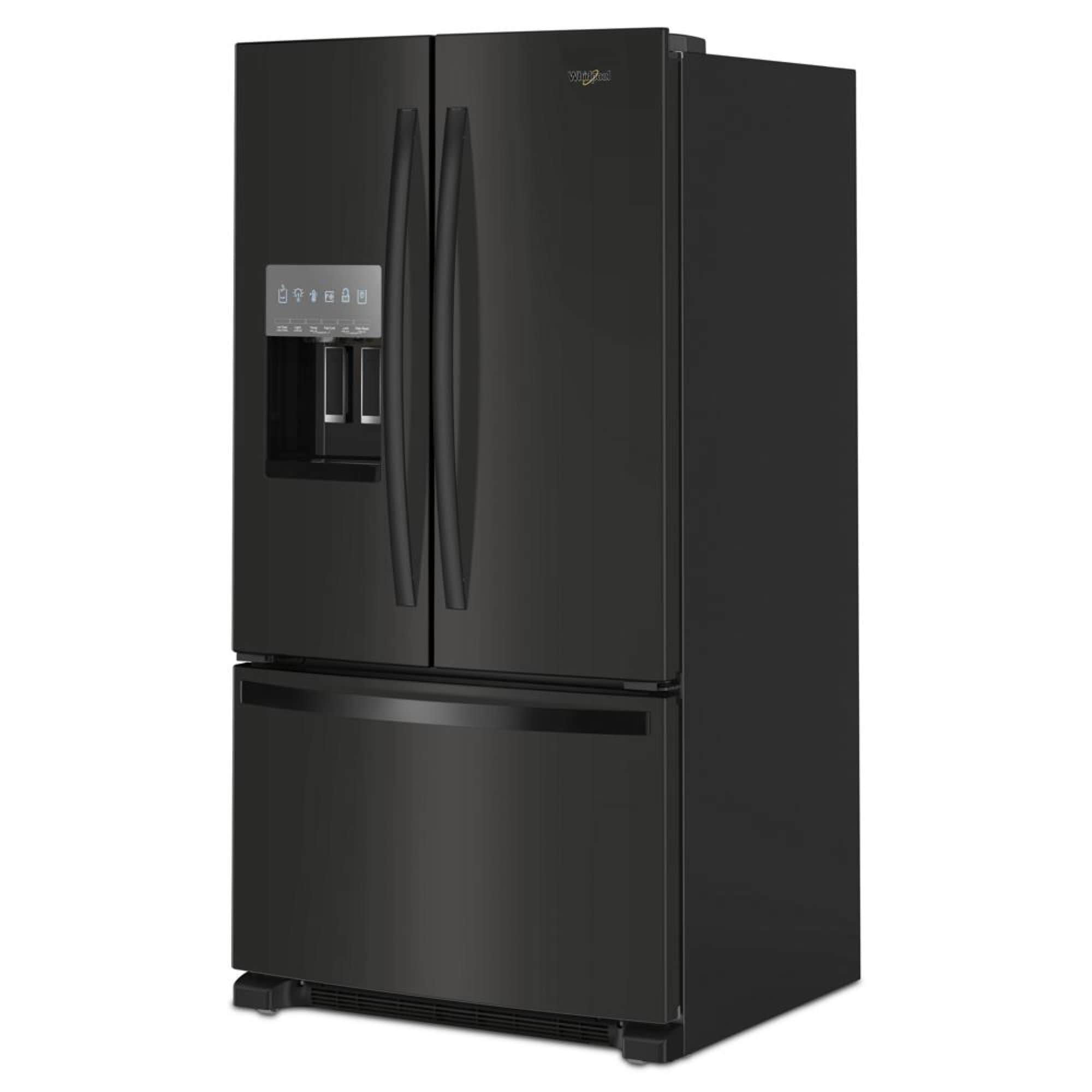 Refrigerador francés de tres puertas de profundidad estándar de 24.7 pies cúbicos con dispensador de hielo y agua (Negro) Certificado ENERGY STAR WRFF3436RB de Whirlpool.