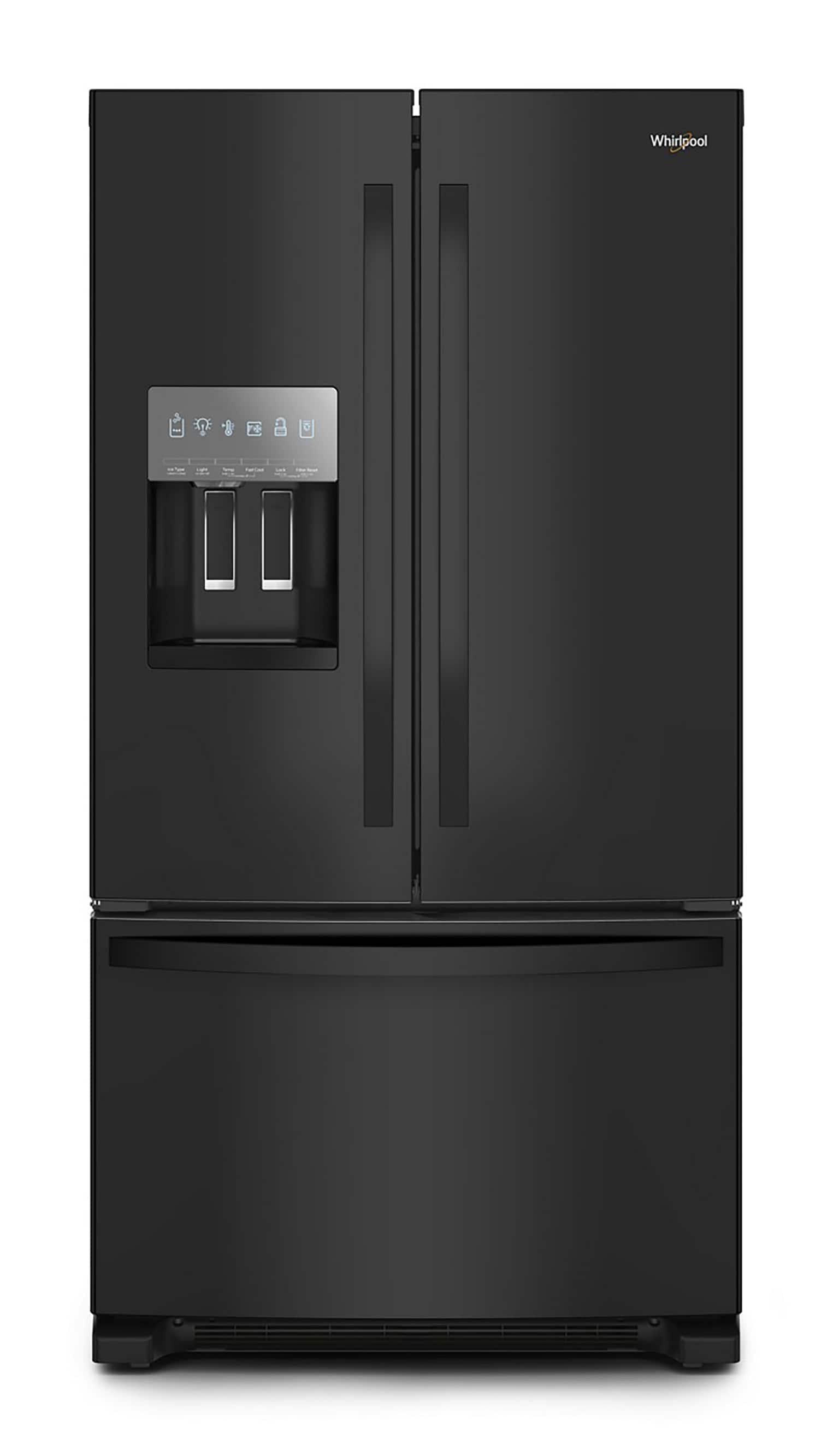 Refrigerador francés de tres puertas de profundidad estándar de 24.7 pies cúbicos con dispensador de hielo y agua (Negro) Certificado ENERGY STAR WRFF3436RB de Whirlpool.