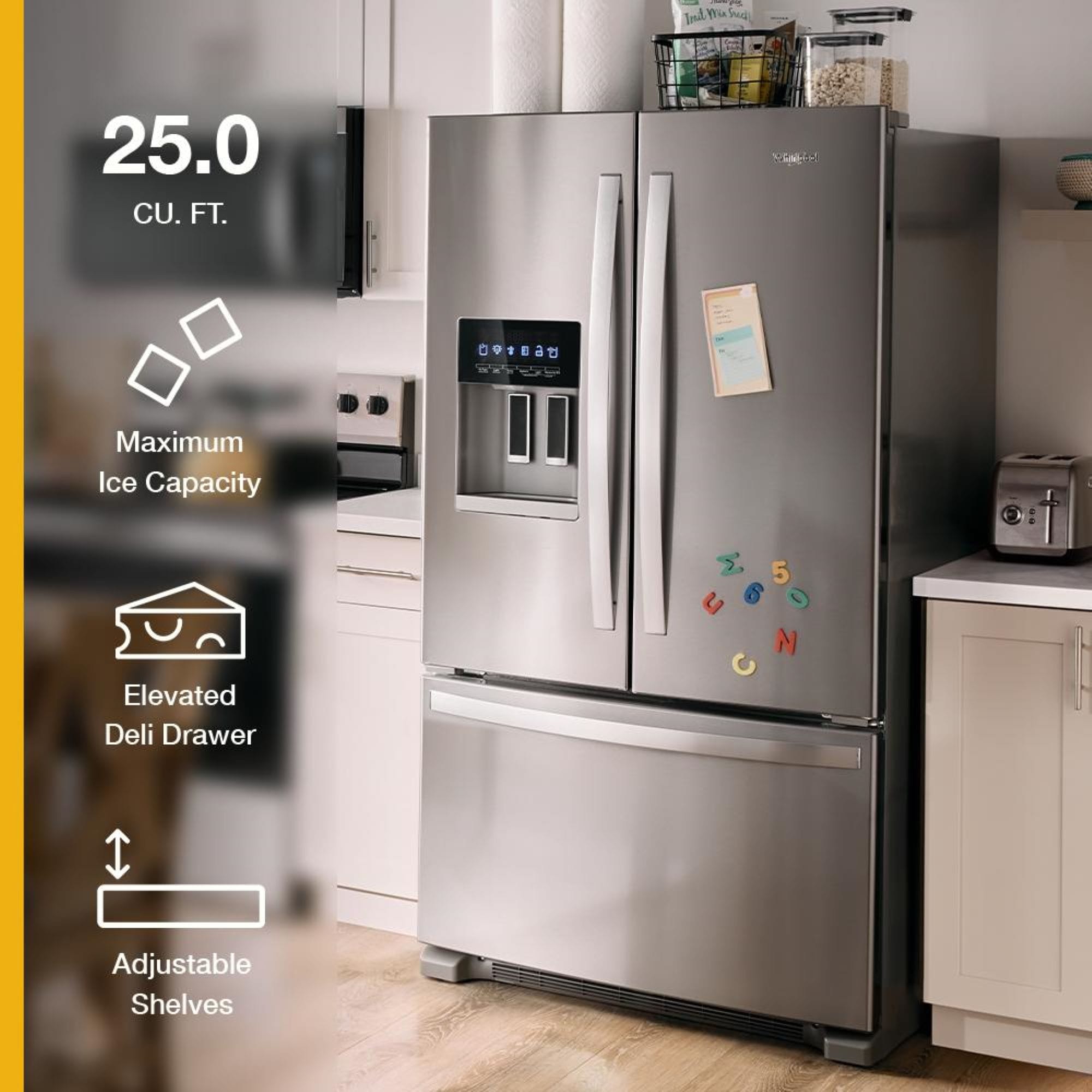 Refrigerador Francés de 3 Puertas con Fabricador de Hielo y Dispensador de Agua y Hielo (Acero Inoxidable Negro) Certificado por ENERGY STAR de 24.7 pies cúbicos de profundidad estándar de Whirlpool Modelo WRFF3436RV