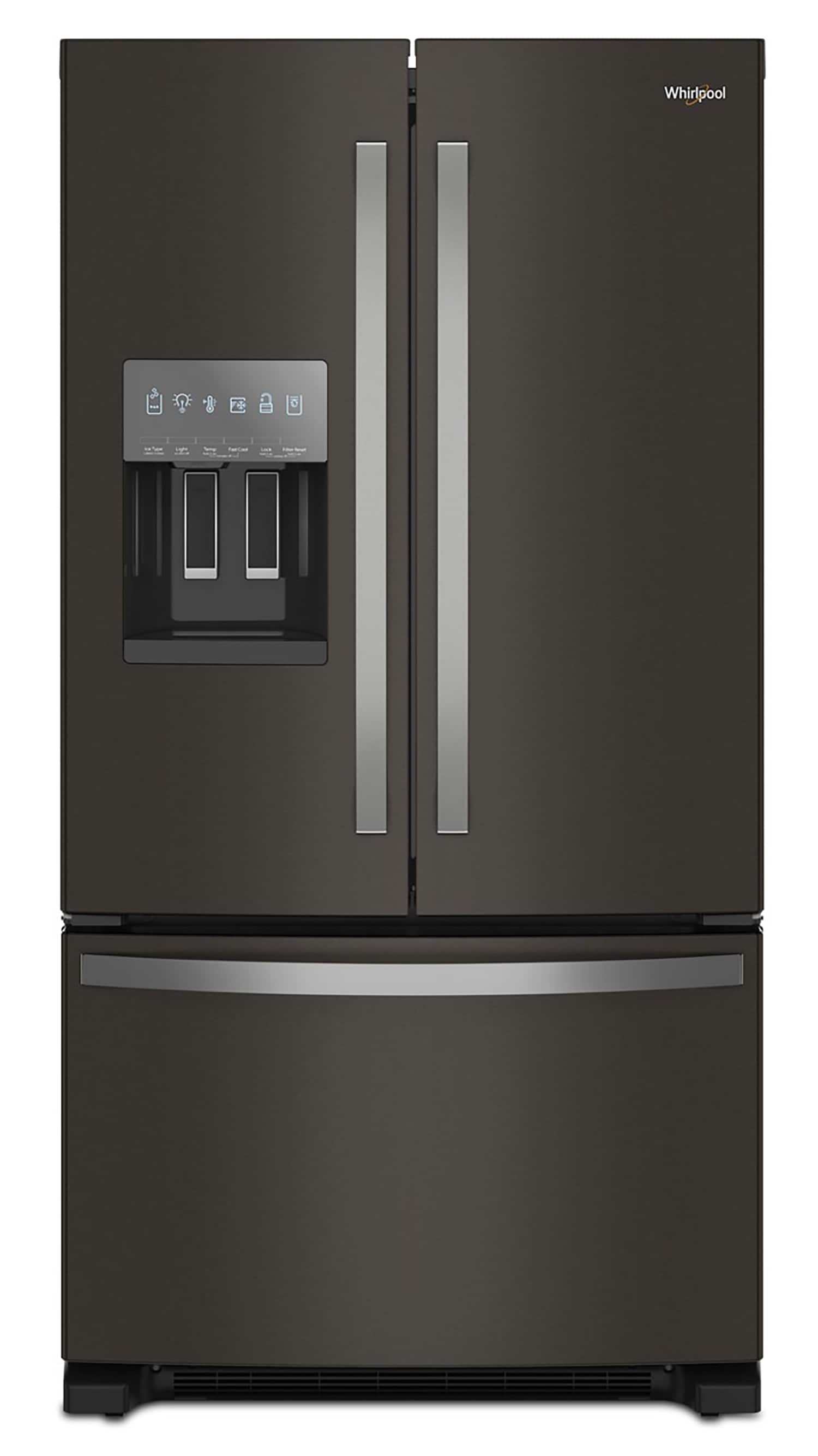 Refrigerador Francés de 3 Puertas con Fabricador de Hielo y Dispensador de Agua y Hielo (Acero Inoxidable Negro) Certificado por ENERGY STAR de 24.7 pies cúbicos de profundidad estándar de Whirlpool Modelo WRFF3436RV