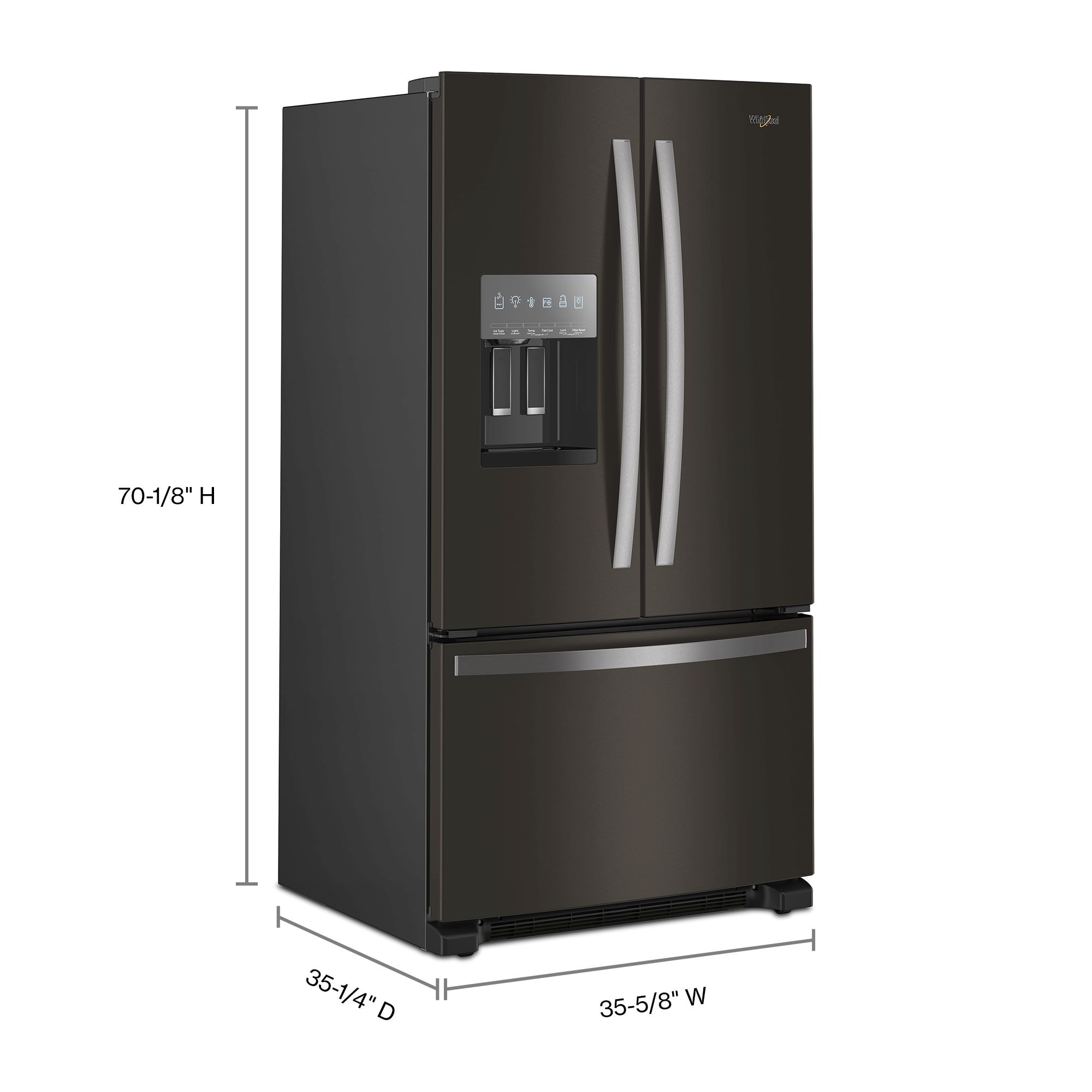 Refrigerador Francés de 3 Puertas con Fabricador de Hielo y Dispensador de Agua y Hielo (Acero Inoxidable Negro) Certificado por ENERGY STAR de 24.7 pies cúbicos de profundidad estándar de Whirlpool Modelo WRFF3436RV