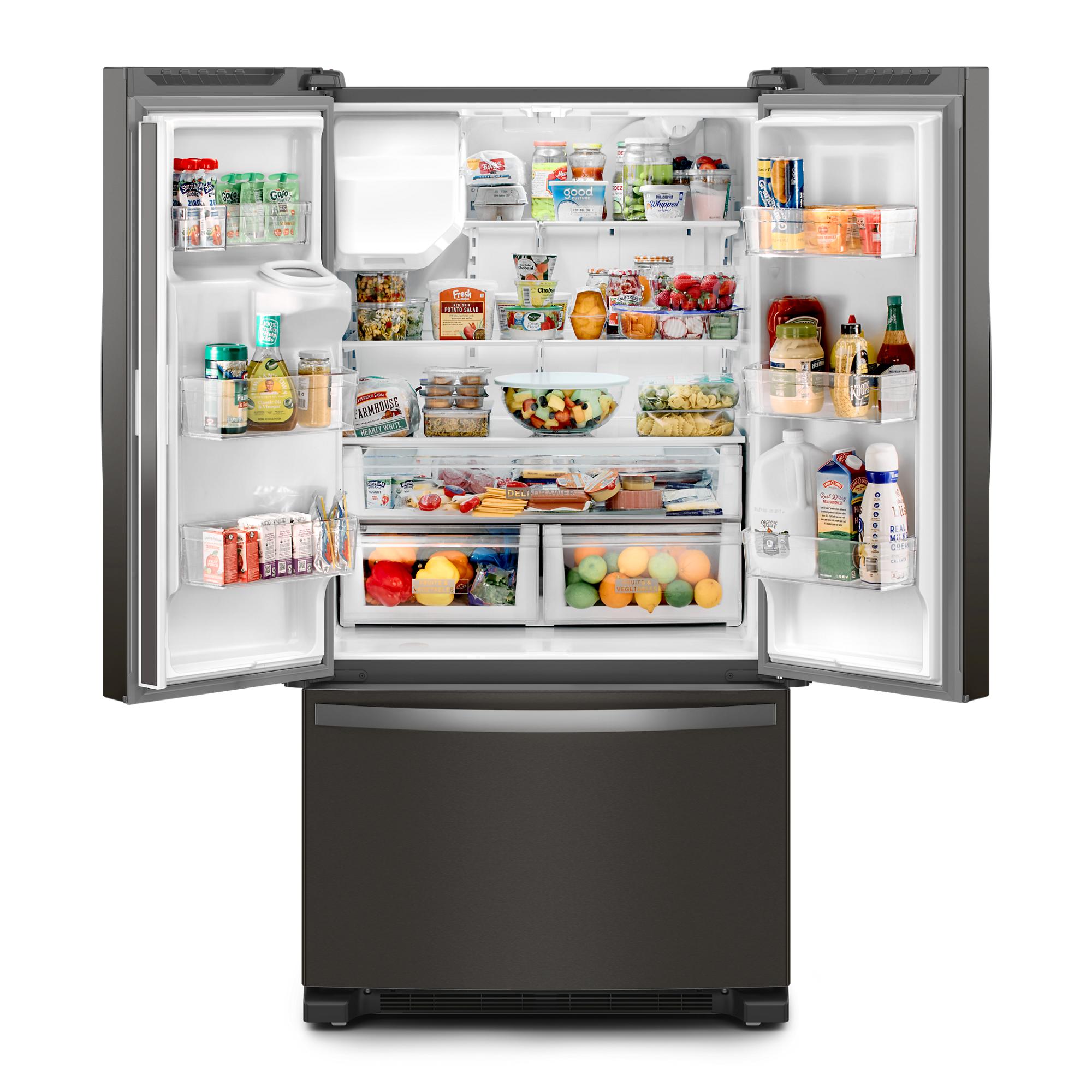 Refrigerador Francés de 3 Puertas con Fabricador de Hielo y Dispensador de Agua y Hielo (Acero Inoxidable Negro) Certificado por ENERGY STAR de 24.7 pies cúbicos de profundidad estándar de Whirlpool Modelo WRFF3436RV