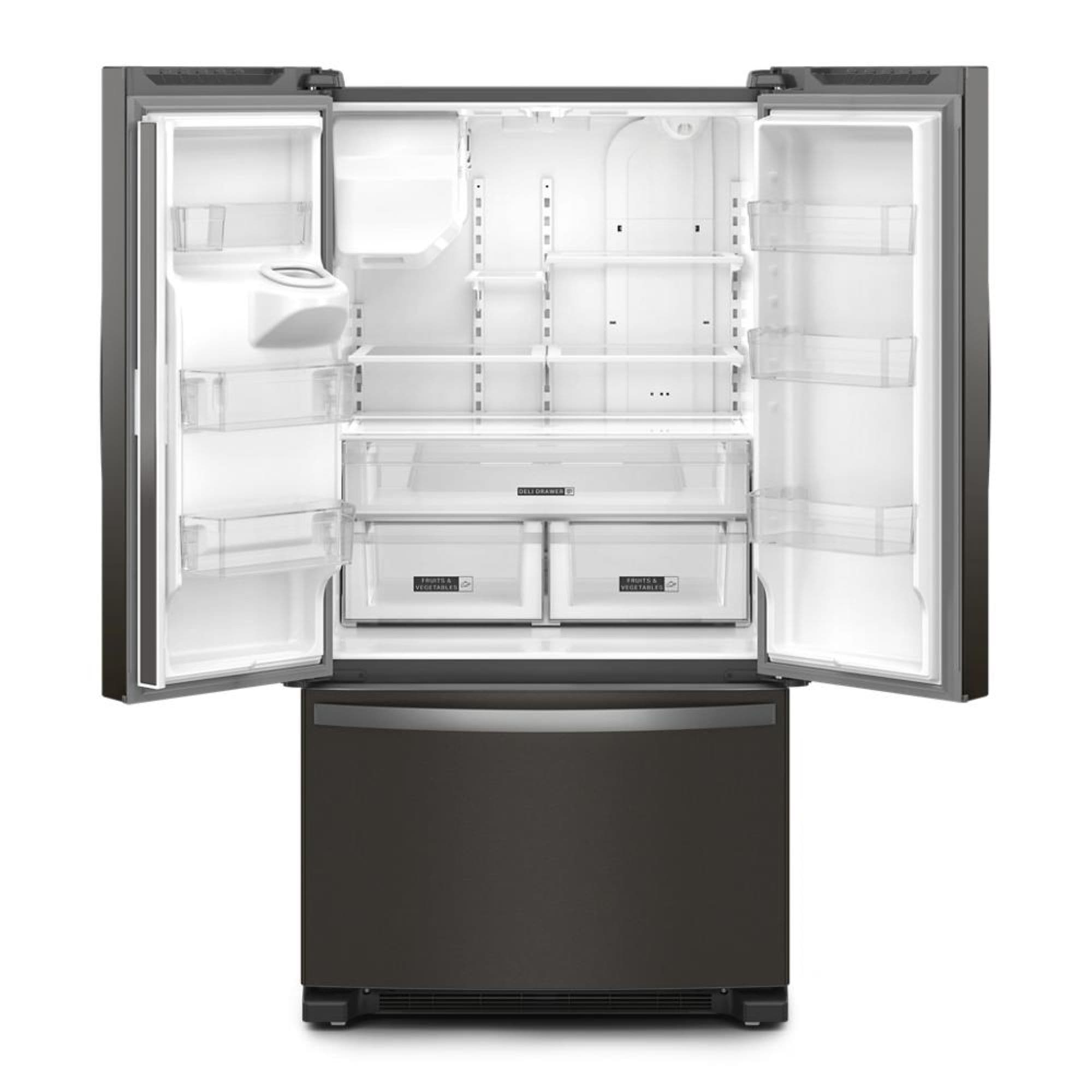 Refrigerador Francés de 3 Puertas con Fabricador de Hielo y Dispensador de Agua y Hielo (Acero Inoxidable Negro) Certificado por ENERGY STAR de 24.7 pies cúbicos de profundidad estándar de Whirlpool Modelo WRFF3436RV