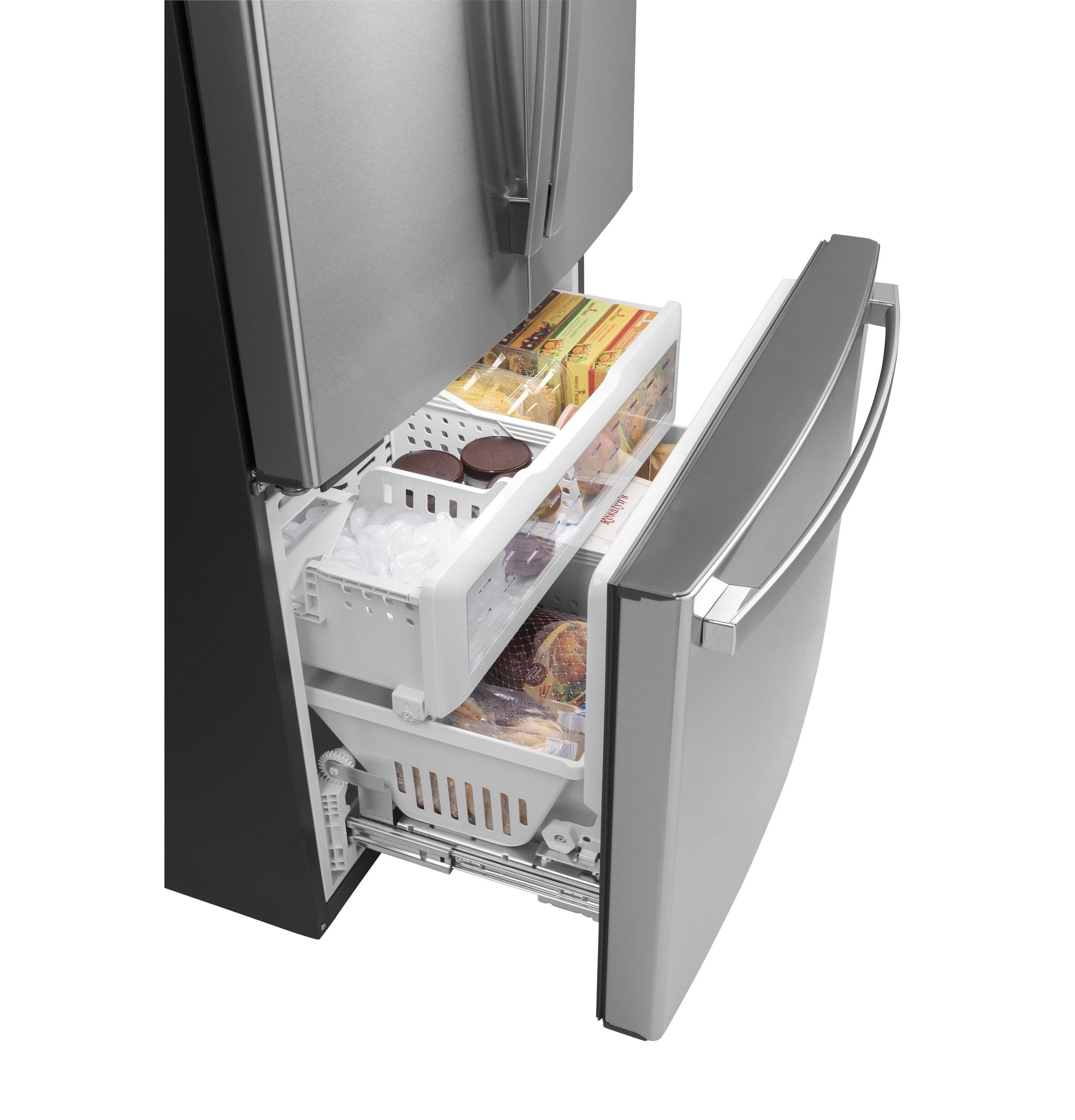 Refrigerador Francés de Puerta Triple con Hielera de Acero Inoxidable y Certificación ENERGY STAR de 23.1 pies cúbicos de Profundidad al Mostrador de GE