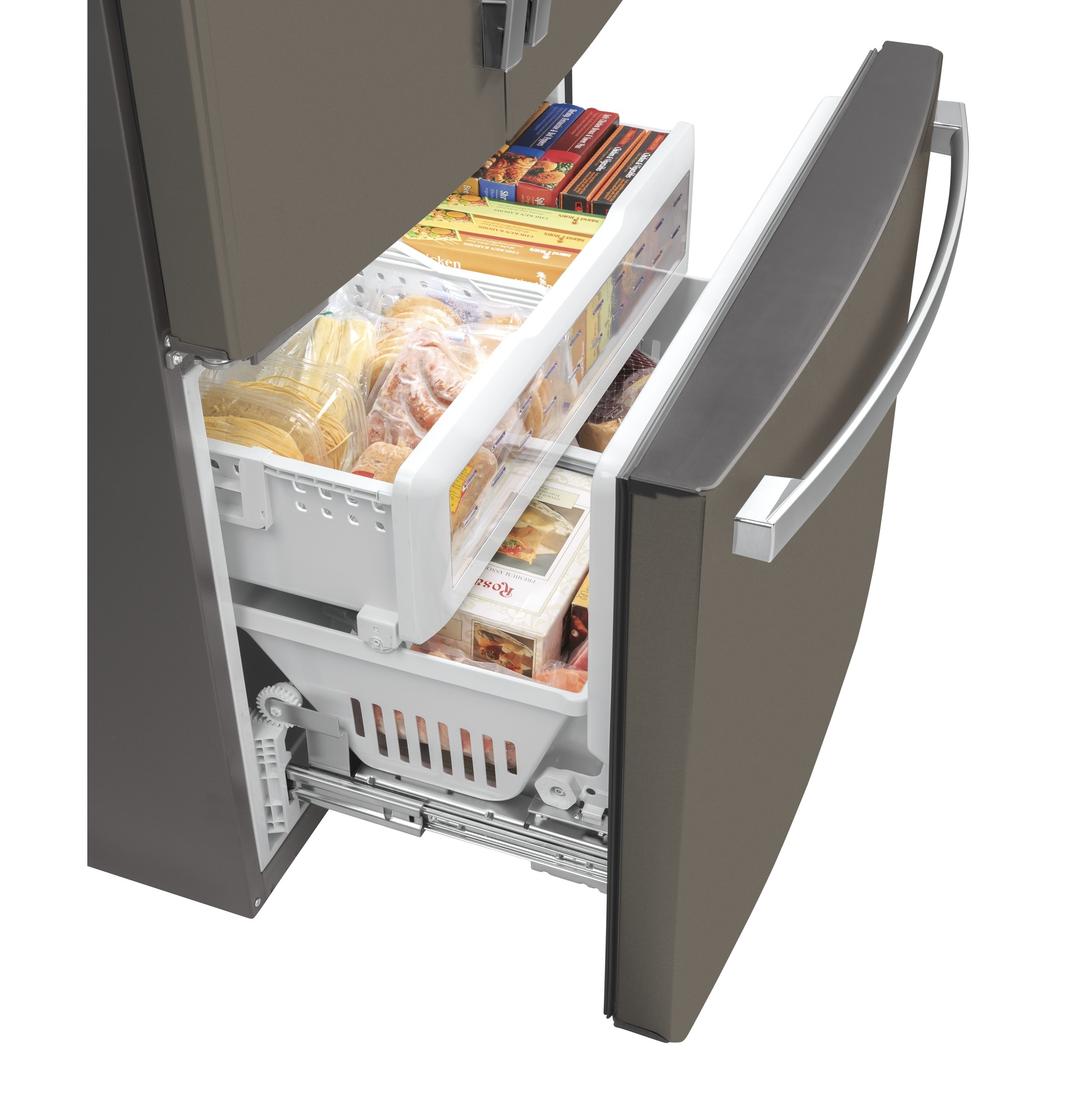 Refrigerador Francés de Puertas con 3 Puertas y Hielera GE Counter-Depth de 23.1 pies cúbicos ( Slate ) Certificado ENERGY STAR GWE23GMNES