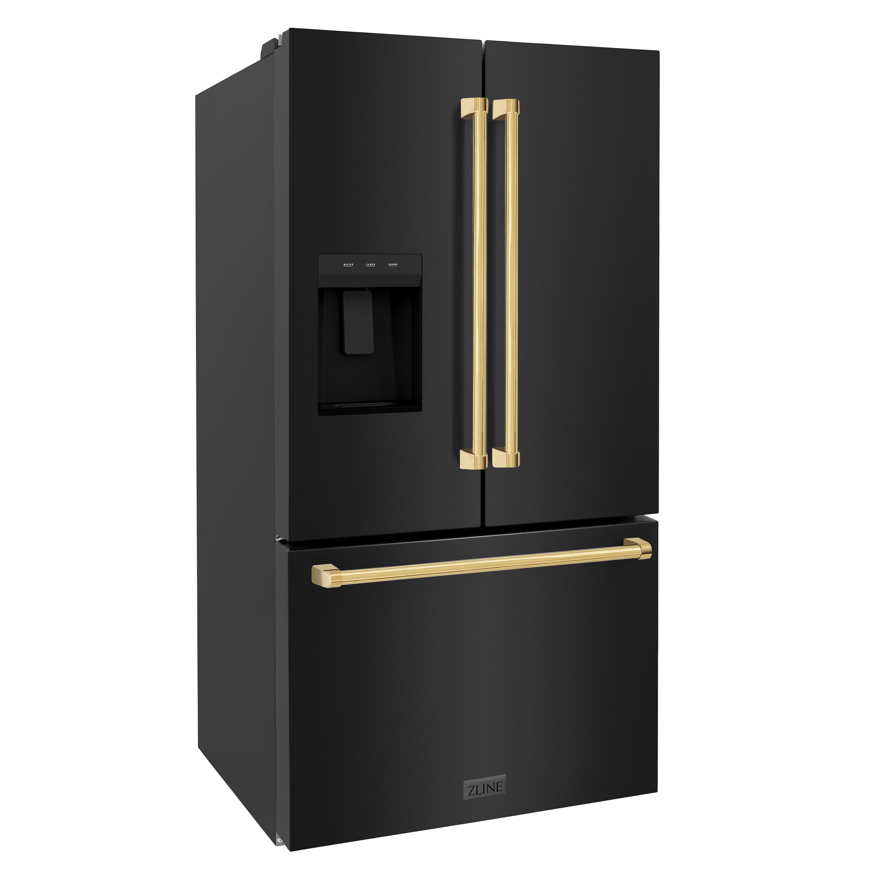 Refrigerador con Puertas Francesas de 3 Puertas, Dispensador de Hielo y Agua (Acero Inoxidable Negro con Mango de Oro Pulido) de 28.9 pies cúbicos de Profundidad Estándar ZLINE KITCHEN & BATH, Certificado ENERGY STAR RSMZ-W-36-BS-G