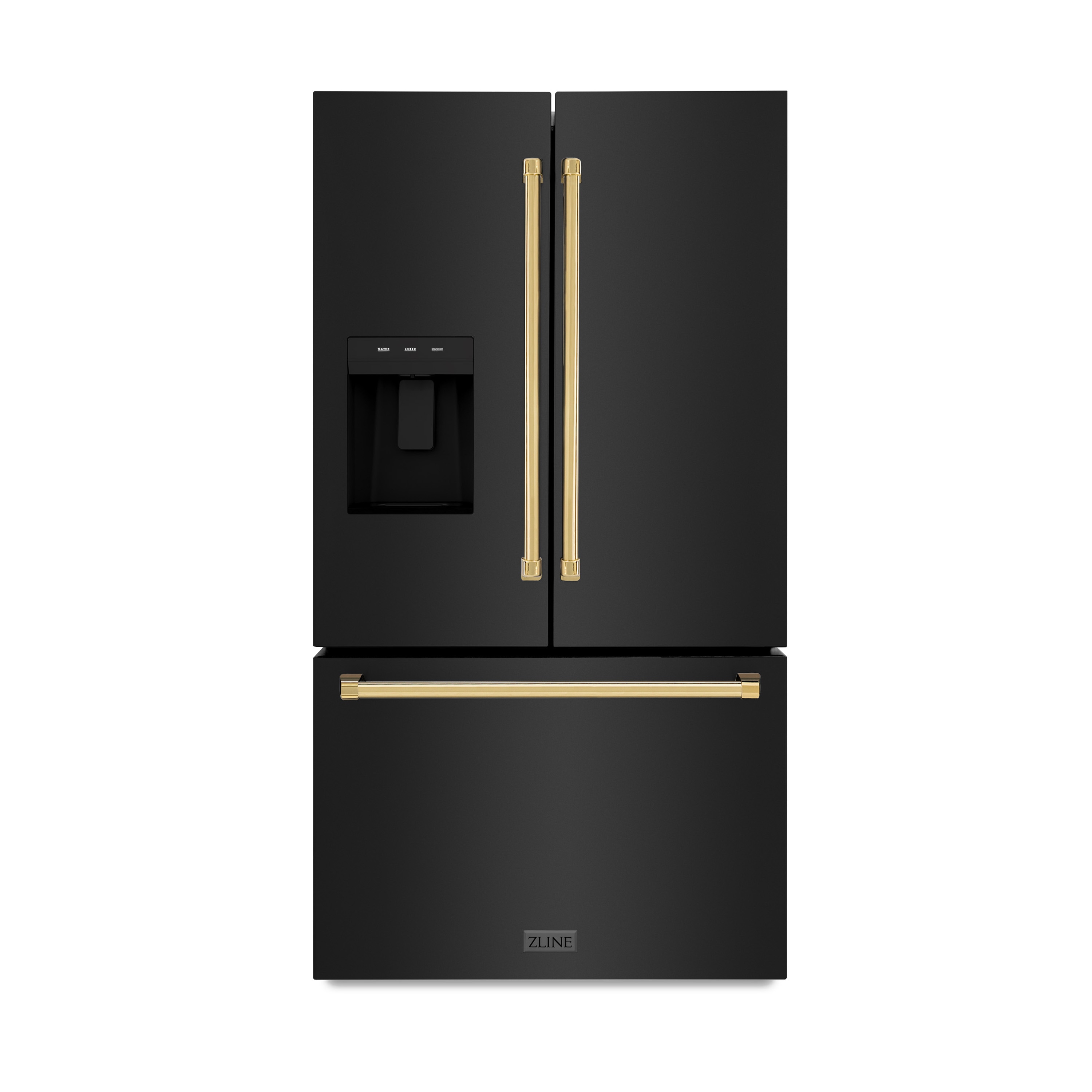 Refrigerador con Puertas Francesas de 3 Puertas, Dispensador de Hielo y Agua (Acero Inoxidable Negro con Mango de Oro Pulido) de 28.9 pies cúbicos de Profundidad Estándar ZLINE KITCHEN & BATH, Certificado ENERGY STAR RSMZ-W-36-BS-G