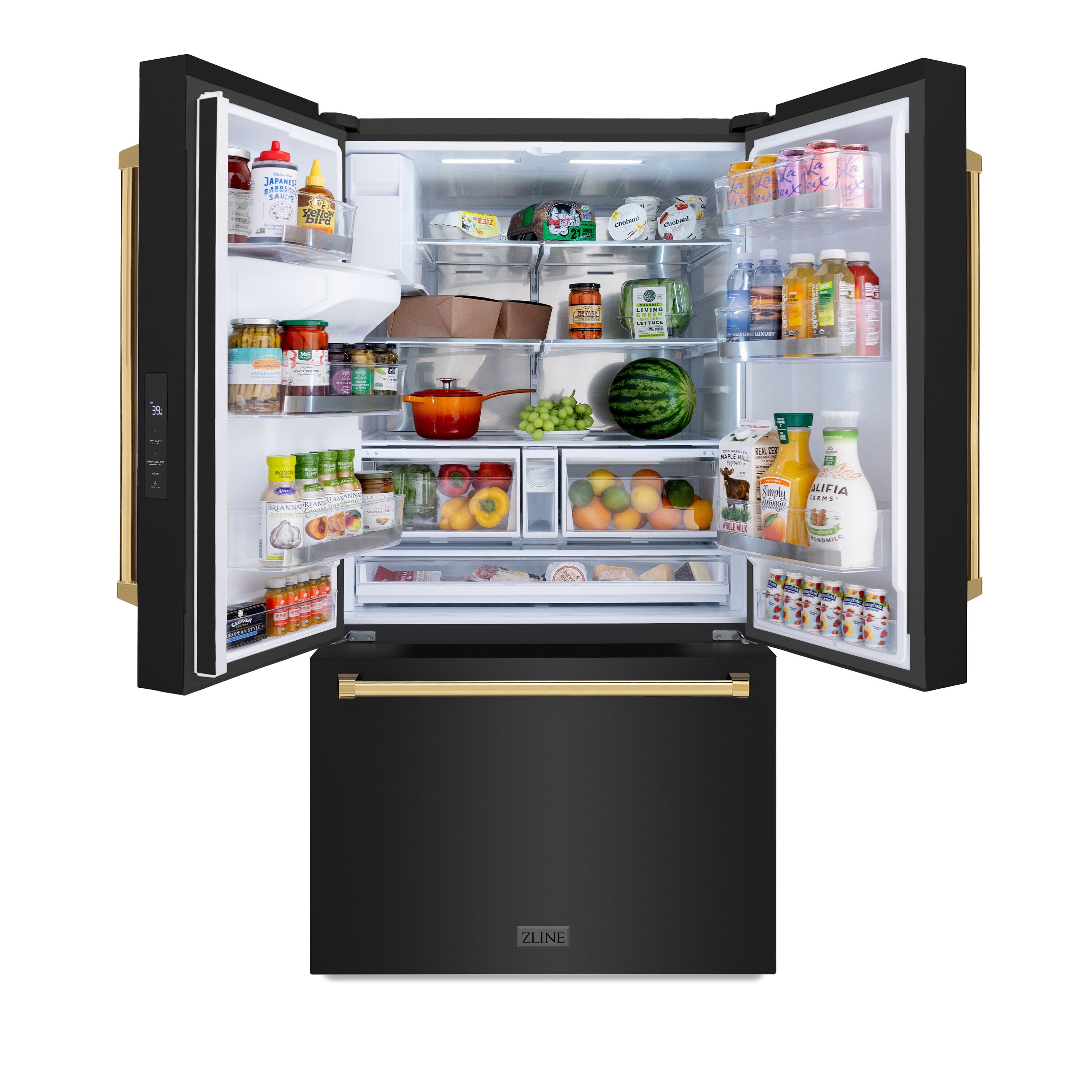 Refrigerador con Puertas Francesas de 3 Puertas, Dispensador de Hielo y Agua (Acero Inoxidable Negro con Mango de Oro Pulido) de 28.9 pies cúbicos de Profundidad Estándar ZLINE KITCHEN & BATH, Certificado ENERGY STAR RSMZ-W-36-BS-G