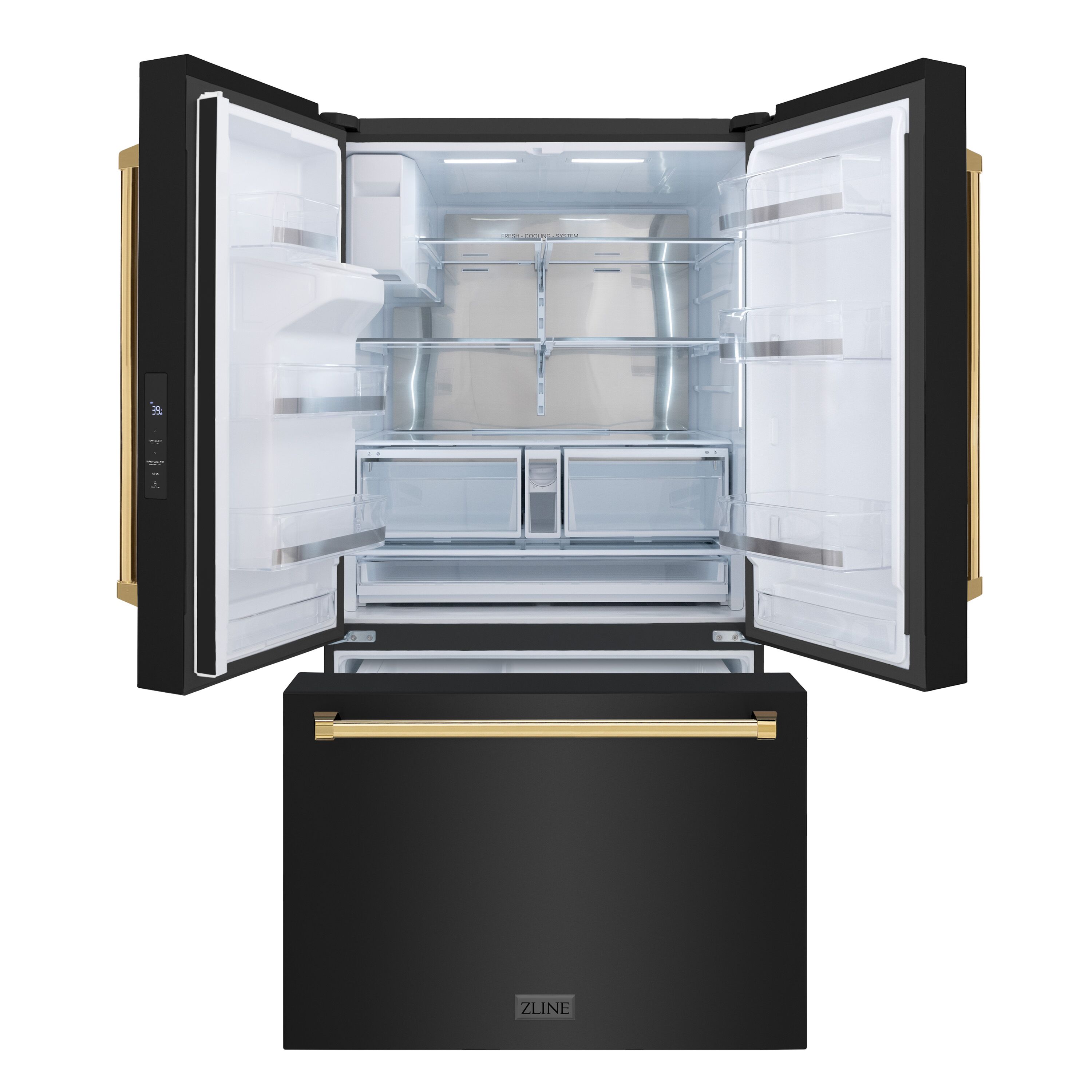 Refrigerador con Puertas Francesas de 3 Puertas, Dispensador de Hielo y Agua (Acero Inoxidable Negro con Mango de Oro Pulido) de 28.9 pies cúbicos de Profundidad Estándar ZLINE KITCHEN & BATH, Certificado ENERGY STAR RSMZ-W-36-BS-G