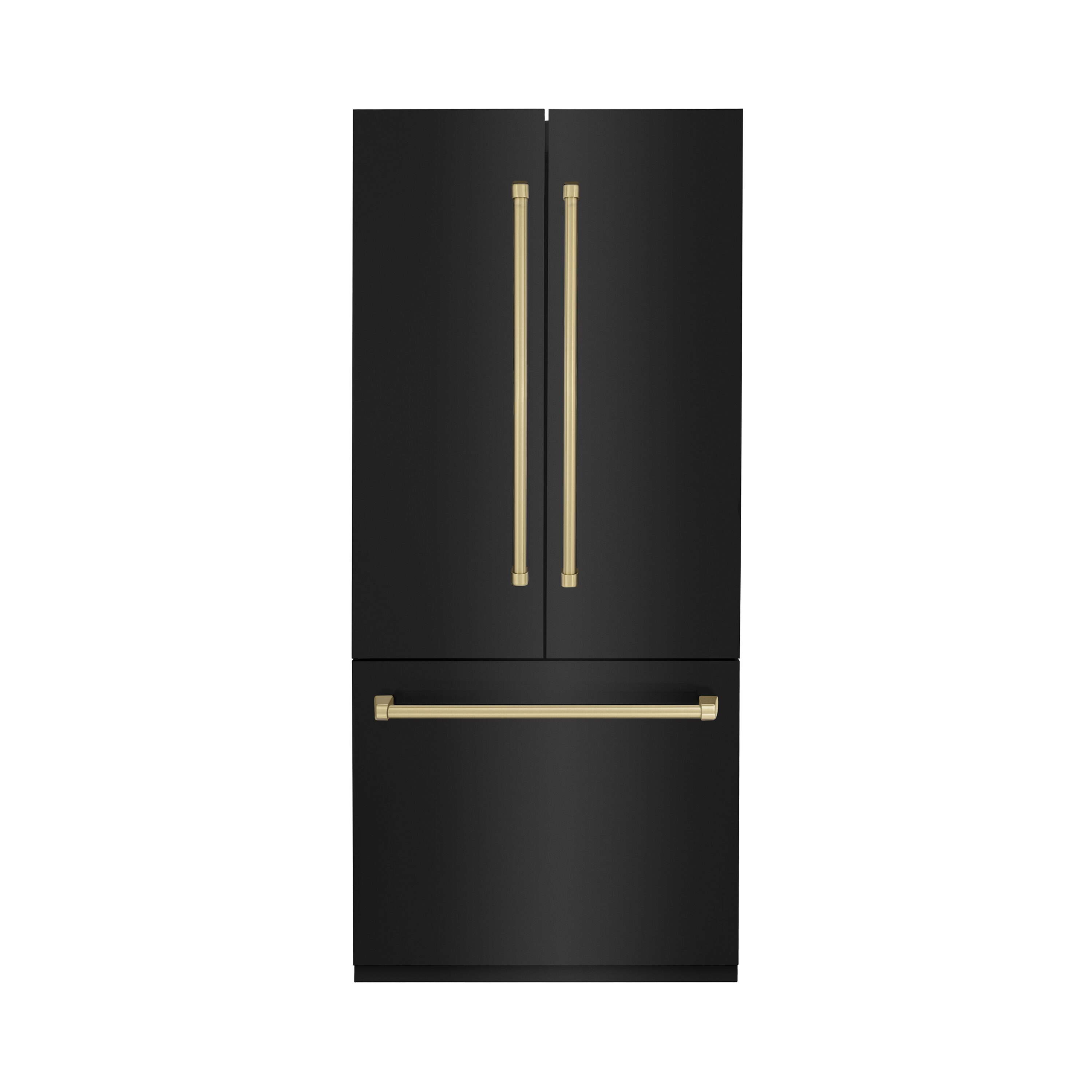Refrigerador empotrado de puerta francesa ZLINE KITCHEN & BATH de 19.6 pies cúbicos de profundidad contraria con fabricador de hielo y dispensador de agua (acero inoxidable negro con manijas de acento en bronce de champán) certificado ENERGY STAR RBIVZ-BS-36-CB