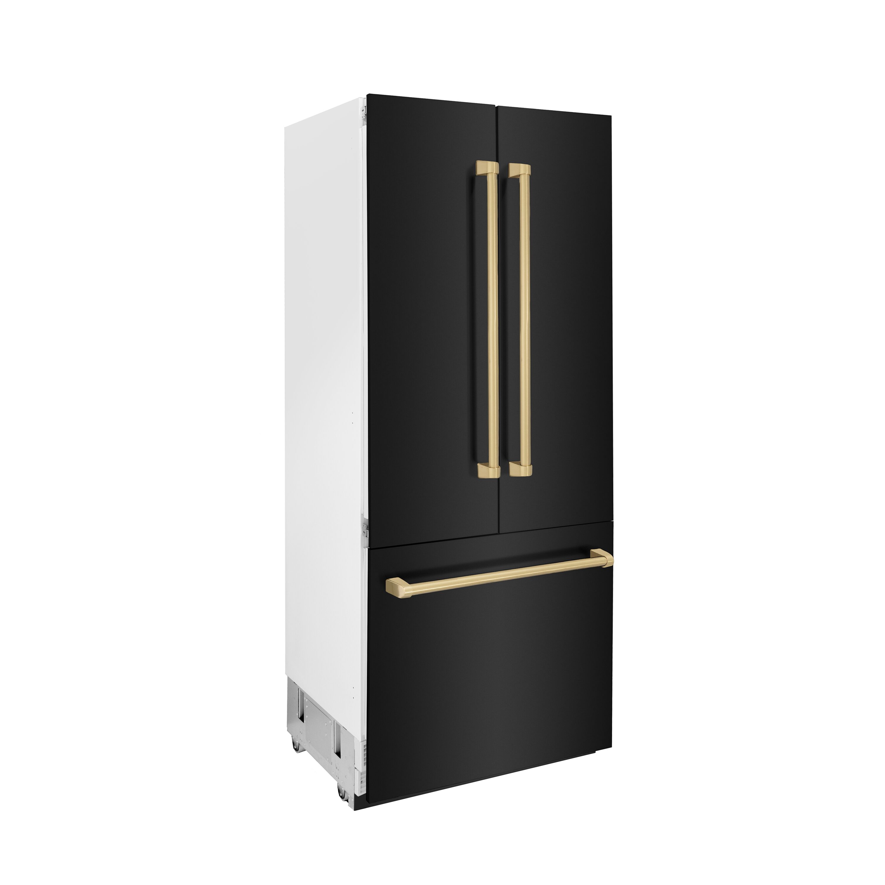Refrigerador empotrado de puerta francesa ZLINE KITCHEN & BATH de 19.6 pies cúbicos de profundidad contraria con fabricador de hielo y dispensador de agua (acero inoxidable negro con manijas de acento en bronce de champán) certificado ENERGY STAR RBIVZ-BS-36-CB