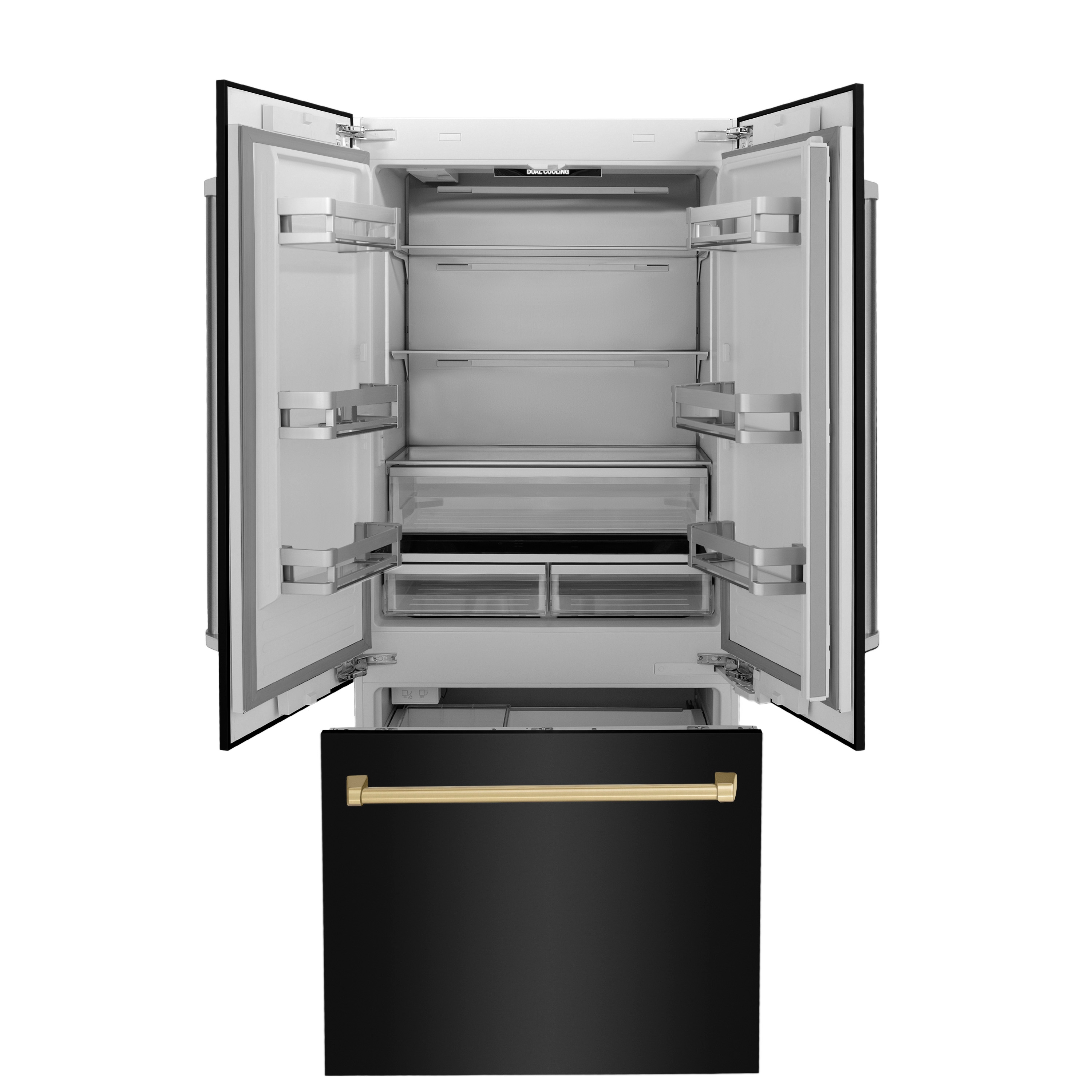 Refrigerador empotrado de puerta francesa ZLINE KITCHEN & BATH de 19.6 pies cúbicos de profundidad contraria con fabricador de hielo y dispensador de agua (acero inoxidable negro con manijas de acento en bronce de champán) certificado ENERGY STAR RBIVZ-BS-36-CB