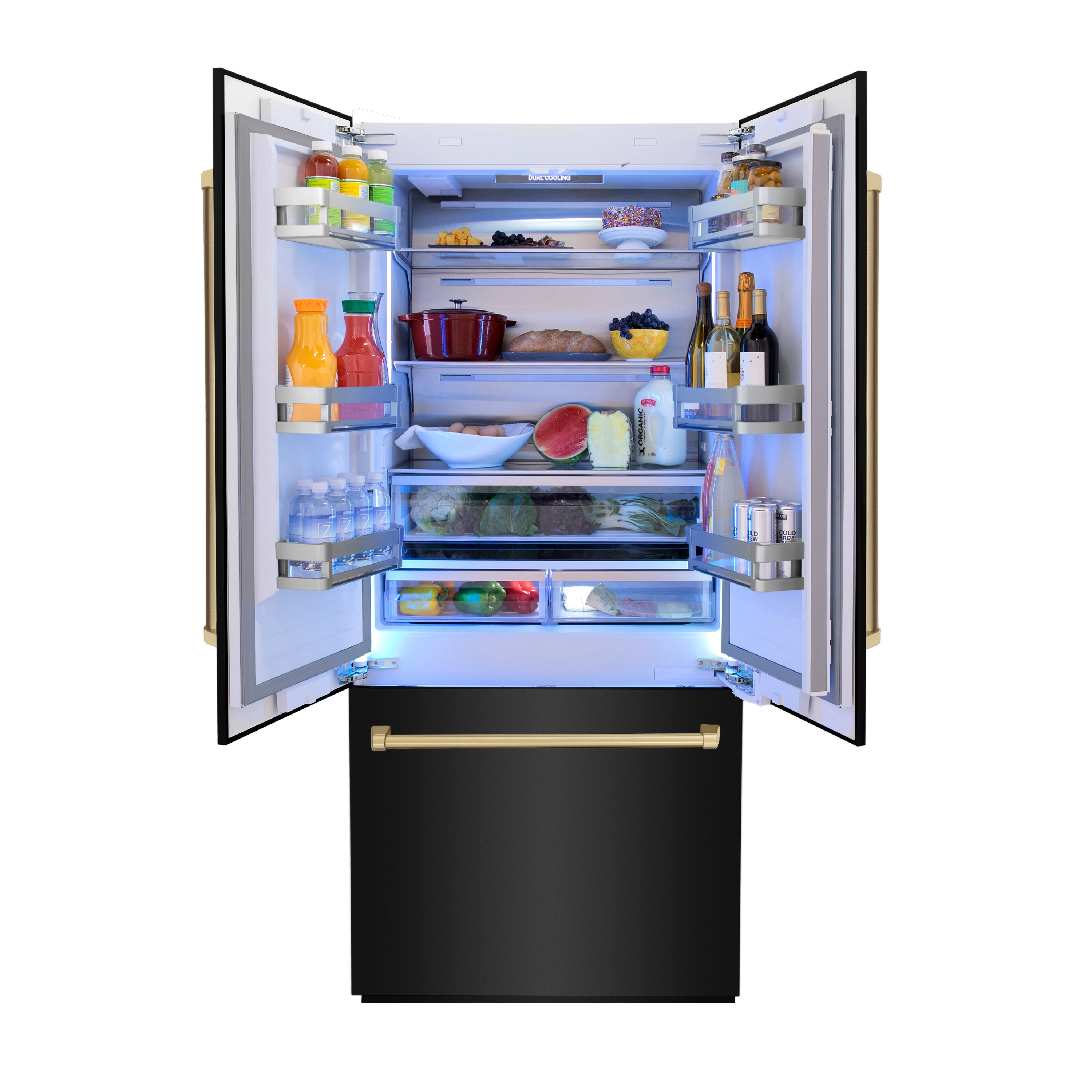 Refrigerador empotrado de puerta francesa ZLINE KITCHEN & BATH de 19.6 pies cúbicos de profundidad contraria con fabricador de hielo y dispensador de agua (acero inoxidable negro con manijas de acento en bronce de champán) certificado ENERGY STAR RBIVZ-BS-36-CB