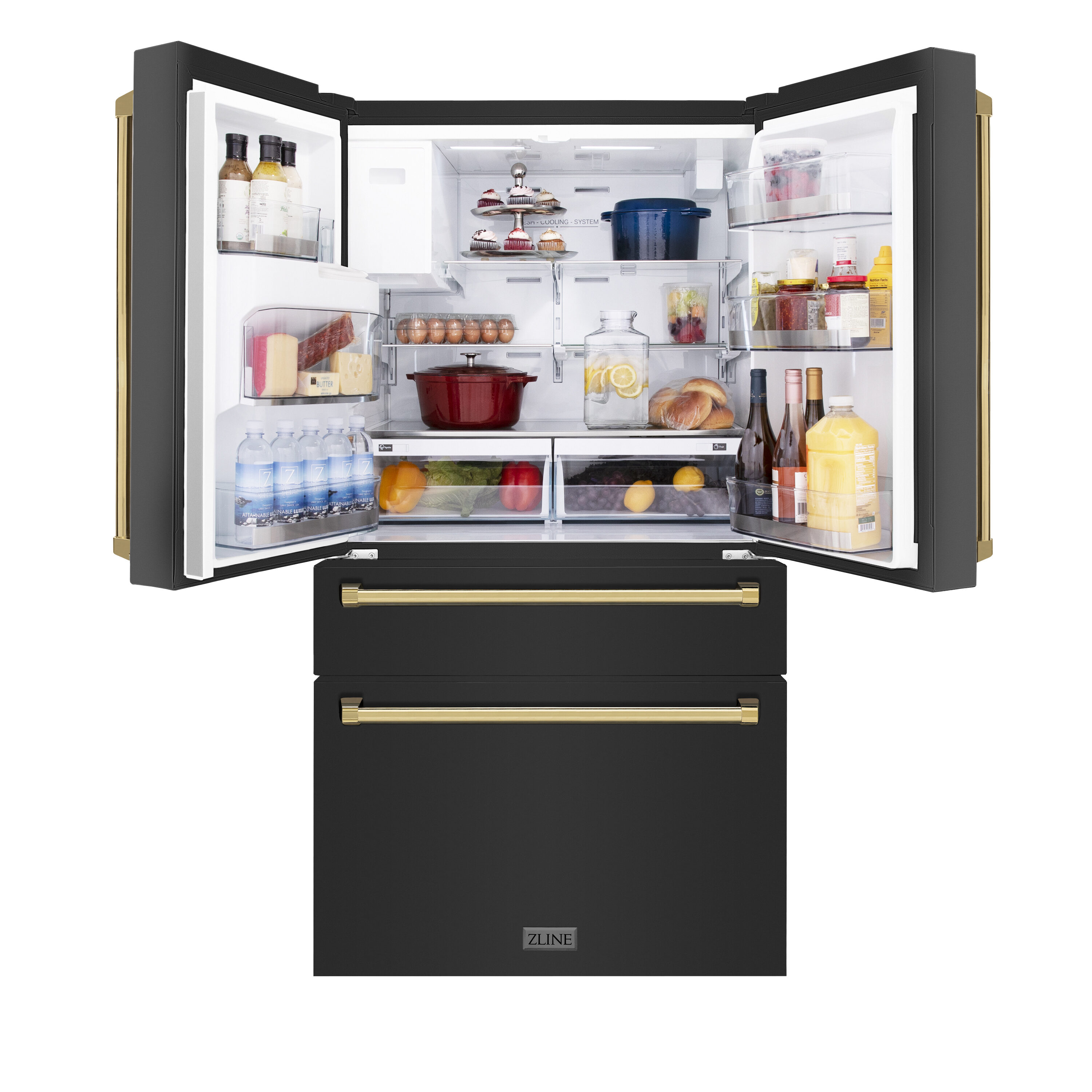 Refrigerador de Puerta Francesa de 4 Puertas ZLINE KITCHEN & BATH de Edición Autógrafa, con Dispensador de Hielo y Agua (Acero Inoxidable Negro Resistente a Huellas con Detalles en Oro Pulido) certificado ENERGY STAR de 21.6 pies cúbicos de profundidad de mostrador RFMZ-W-36-BS-G