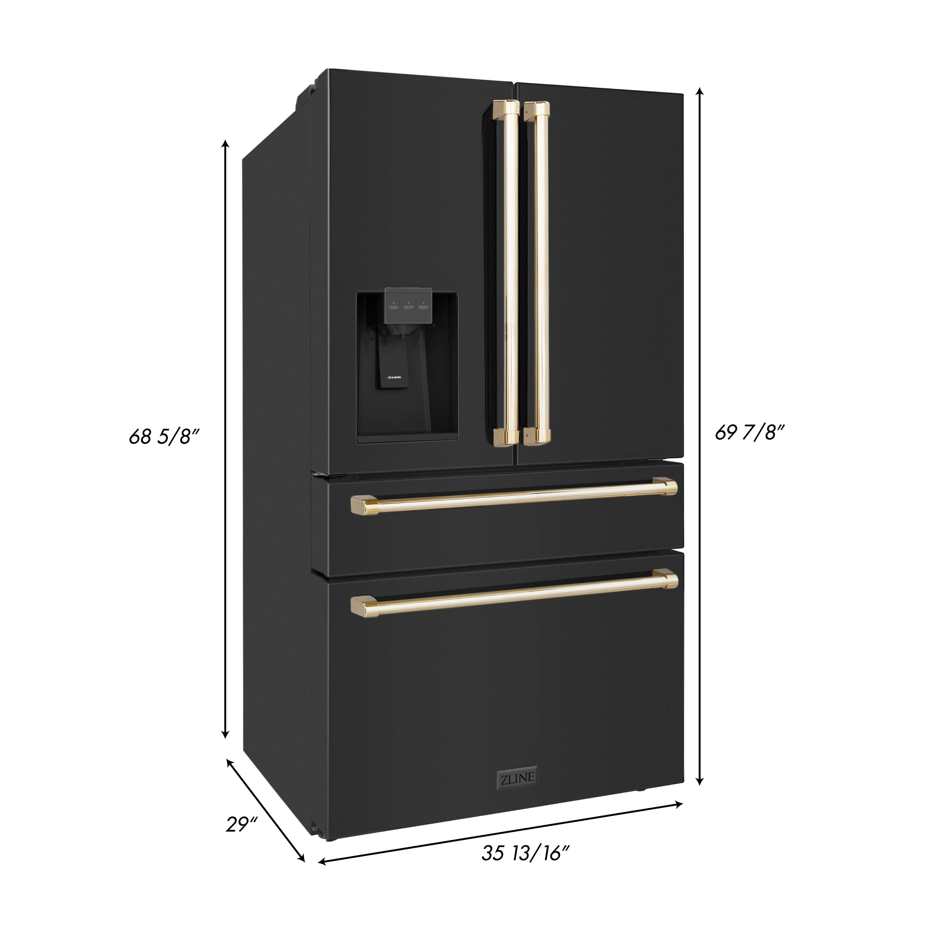 Refrigerador de Puerta Francesa de 4 Puertas ZLINE KITCHEN & BATH de Edición Autógrafa, con Dispensador de Hielo y Agua (Acero Inoxidable Negro Resistente a Huellas con Detalles en Oro Pulido) certificado ENERGY STAR de 21.6 pies cúbicos de profundidad de mostrador RFMZ-W-36-BS-G