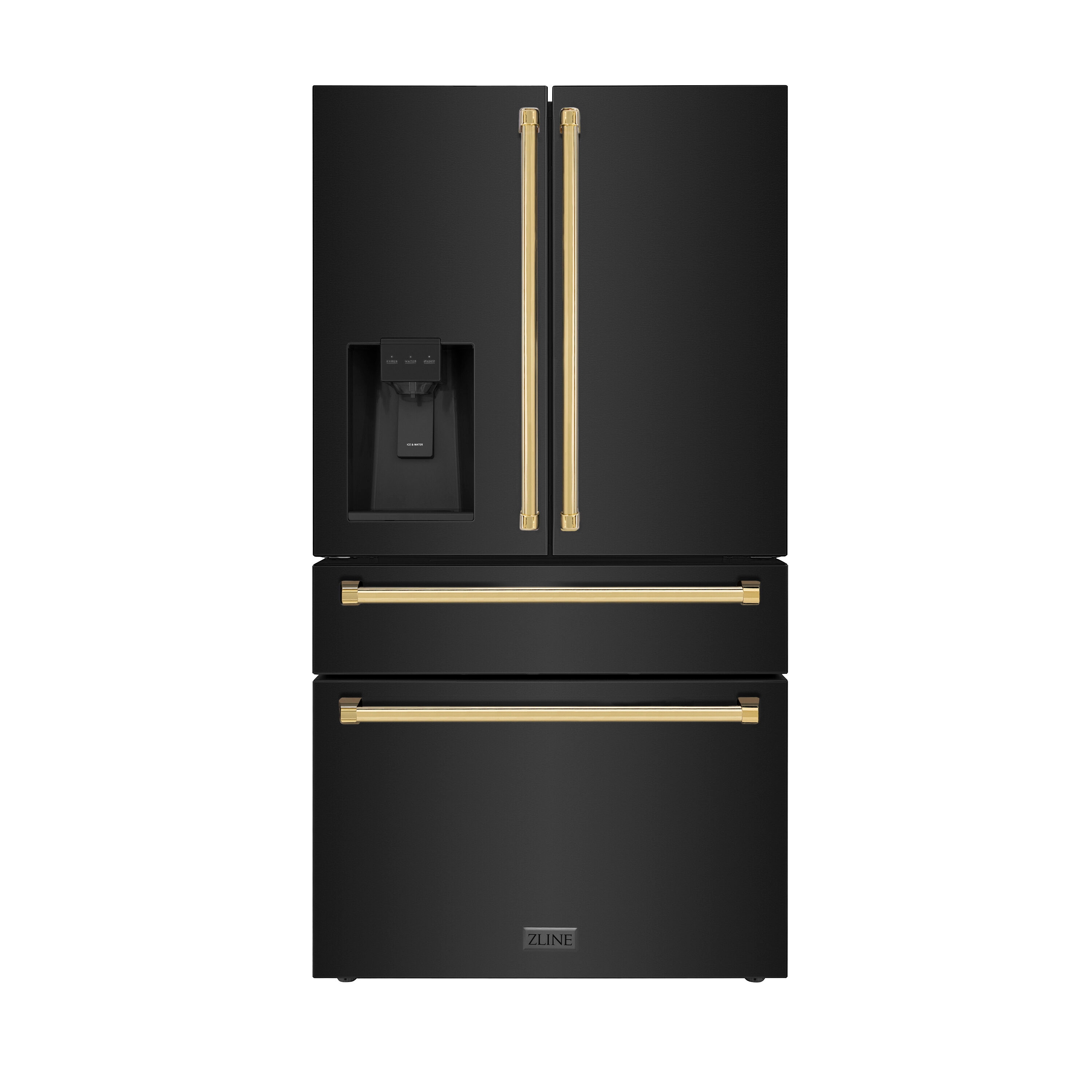 Refrigerador de Puerta Francesa de 4 Puertas ZLINE KITCHEN & BATH de Edición Autógrafa, con Dispensador de Hielo y Agua (Acero Inoxidable Negro Resistente a Huellas con Detalles en Oro Pulido) certificado ENERGY STAR de 21.6 pies cúbicos de profundidad de mostrador RFMZ-W-36-BS-G