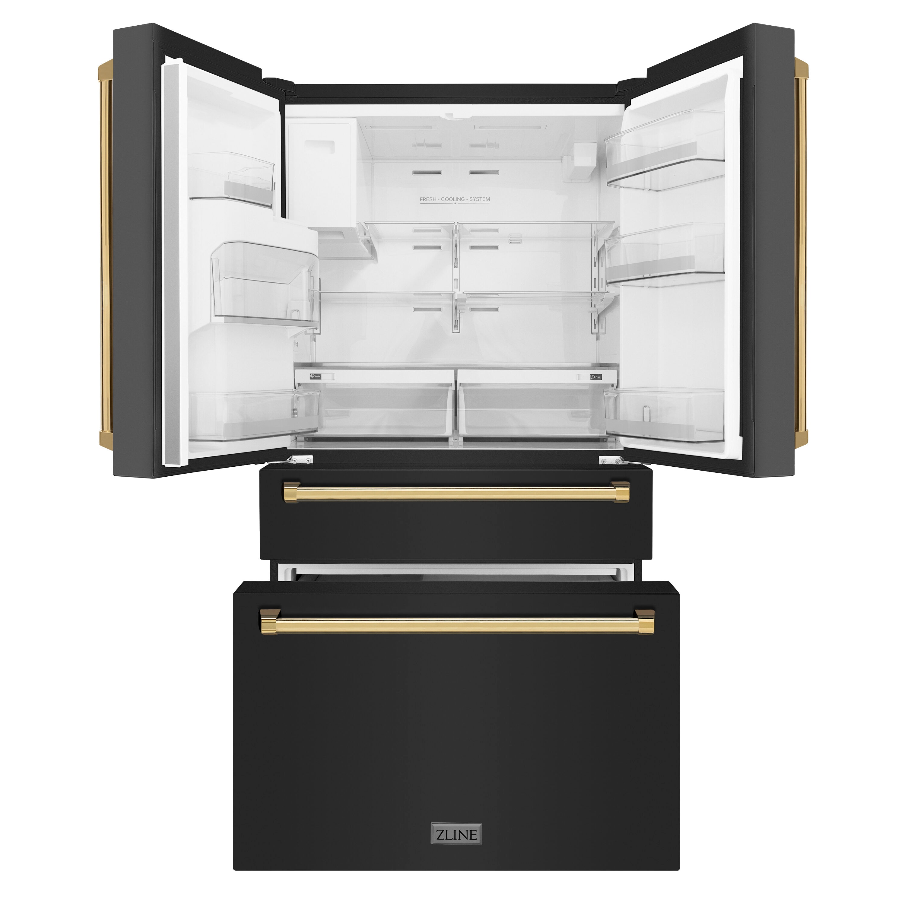 Refrigerador de Puerta Francesa de 4 Puertas ZLINE KITCHEN & BATH de Edición Autógrafa, con Dispensador de Hielo y Agua (Acero Inoxidable Negro Resistente a Huellas con Detalles en Oro Pulido) certificado ENERGY STAR de 21.6 pies cúbicos de profundidad de mostrador RFMZ-W-36-BS-G