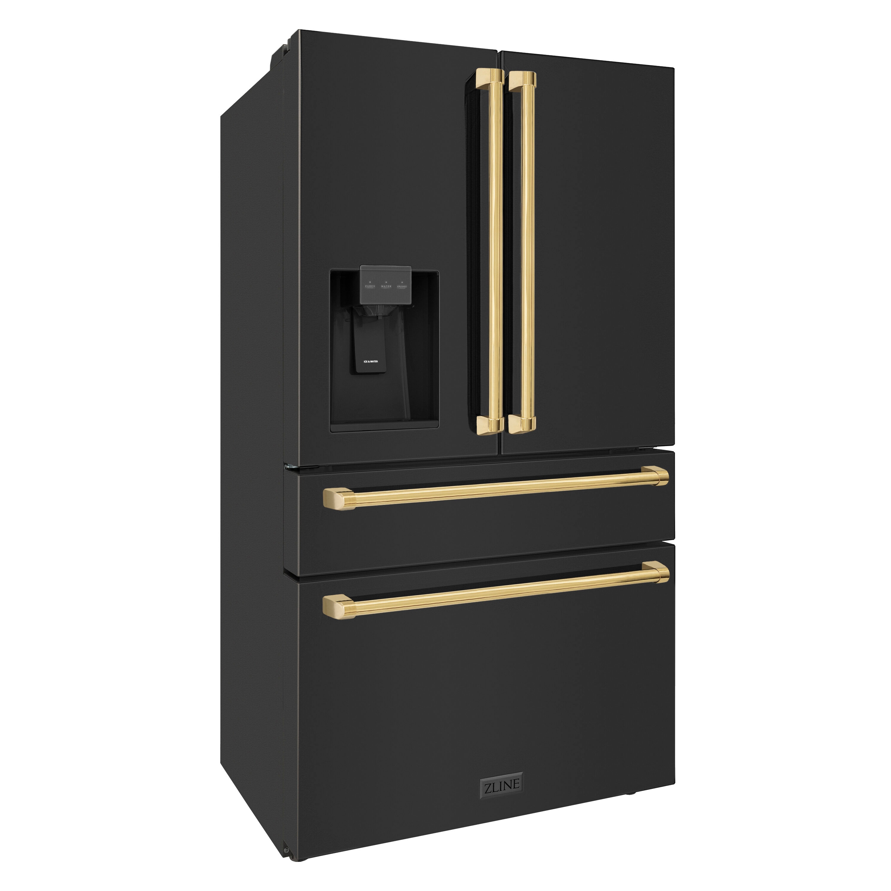 Refrigerador de Puerta Francesa de 4 Puertas ZLINE KITCHEN & BATH de Edición Autógrafa, con Dispensador de Hielo y Agua (Acero Inoxidable Negro Resistente a Huellas con Detalles en Oro Pulido) certificado ENERGY STAR de 21.6 pies cúbicos de profundidad de mostrador RFMZ-W-36-BS-G