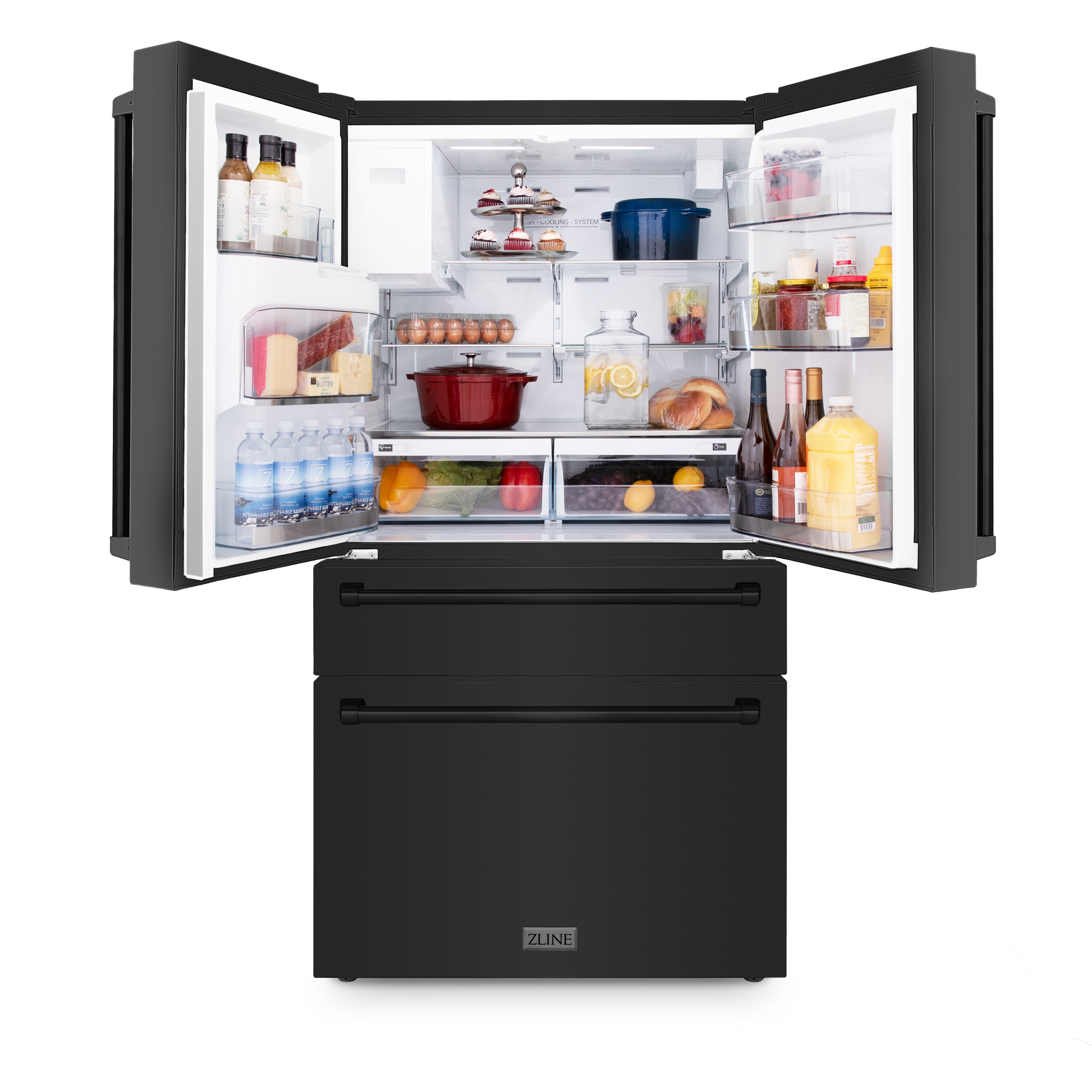 Refrigerador francés de puerta cuádruple de 21.6 pies cúbicos de profundidad de mostrador con fabricador de hielo y dispensador de agua (acero inoxidable negro resistente a las huellas dactilares) con certificación ENERGY STAR.