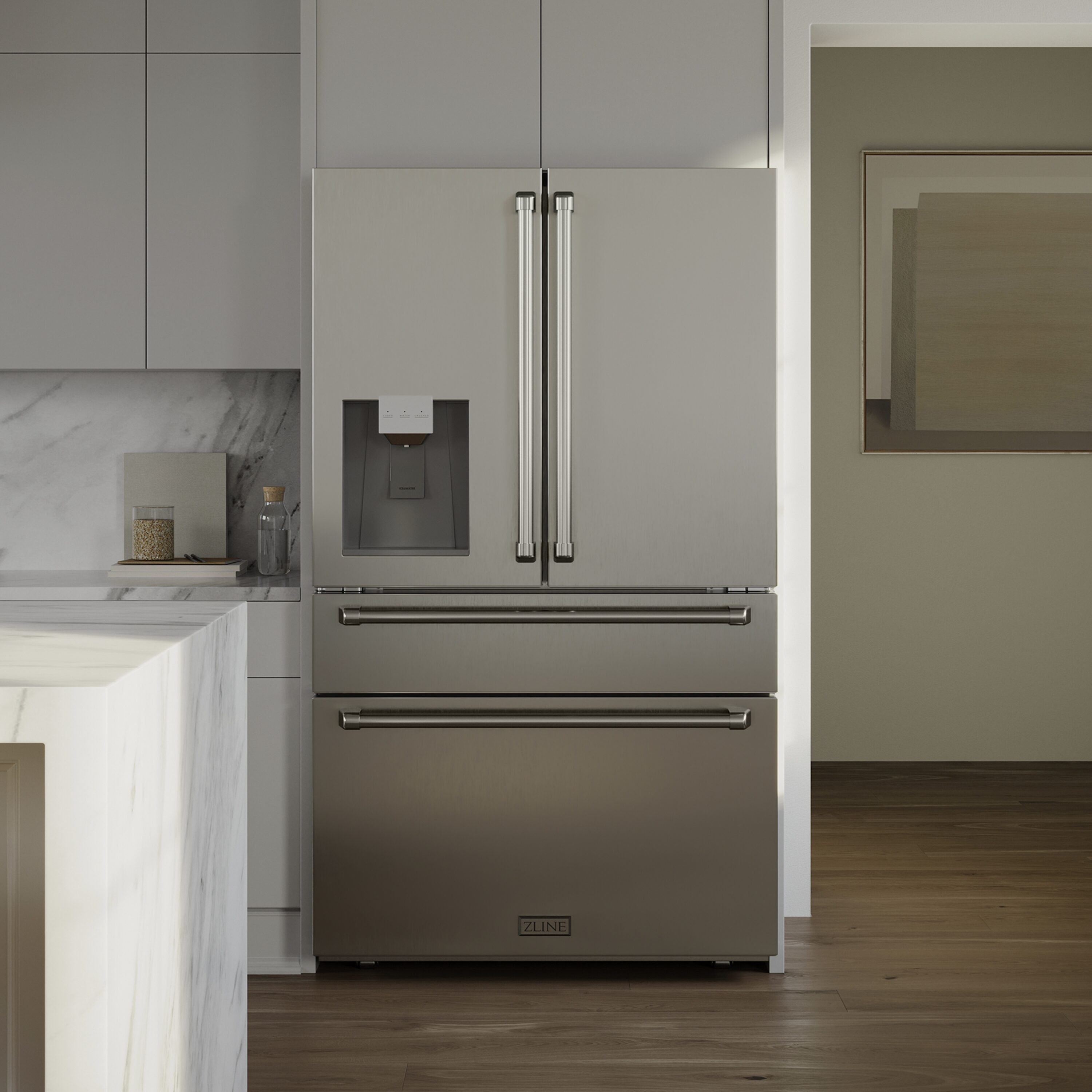 Refrigerador Francés de Puerta Cuádruple con Dispensador de Hielo y Agua (Acero Inoxidable Resistente a Huellas) Certificado ENERGY STAR con Profundidad de Mostrador de 21.6 pies cúbicos RFM-W-36 de ZLINE KITCHEN & BATH