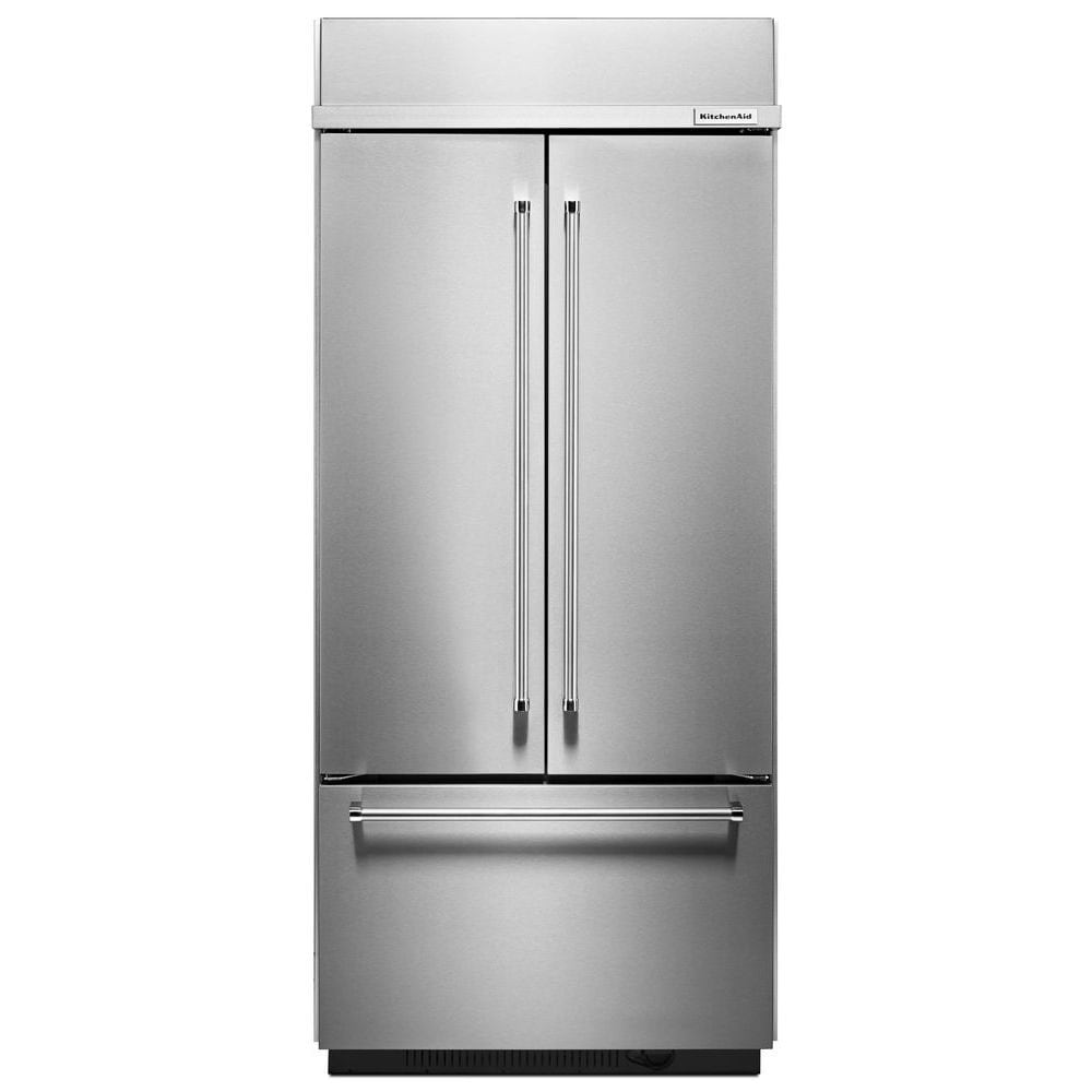 Refrigerador empotrado de puertas francesas y fabricador de hielo de 20.8 pies cúbicos de profundidad estándar de KitchenAid (Acero inoxidable) KBFN506ESS.