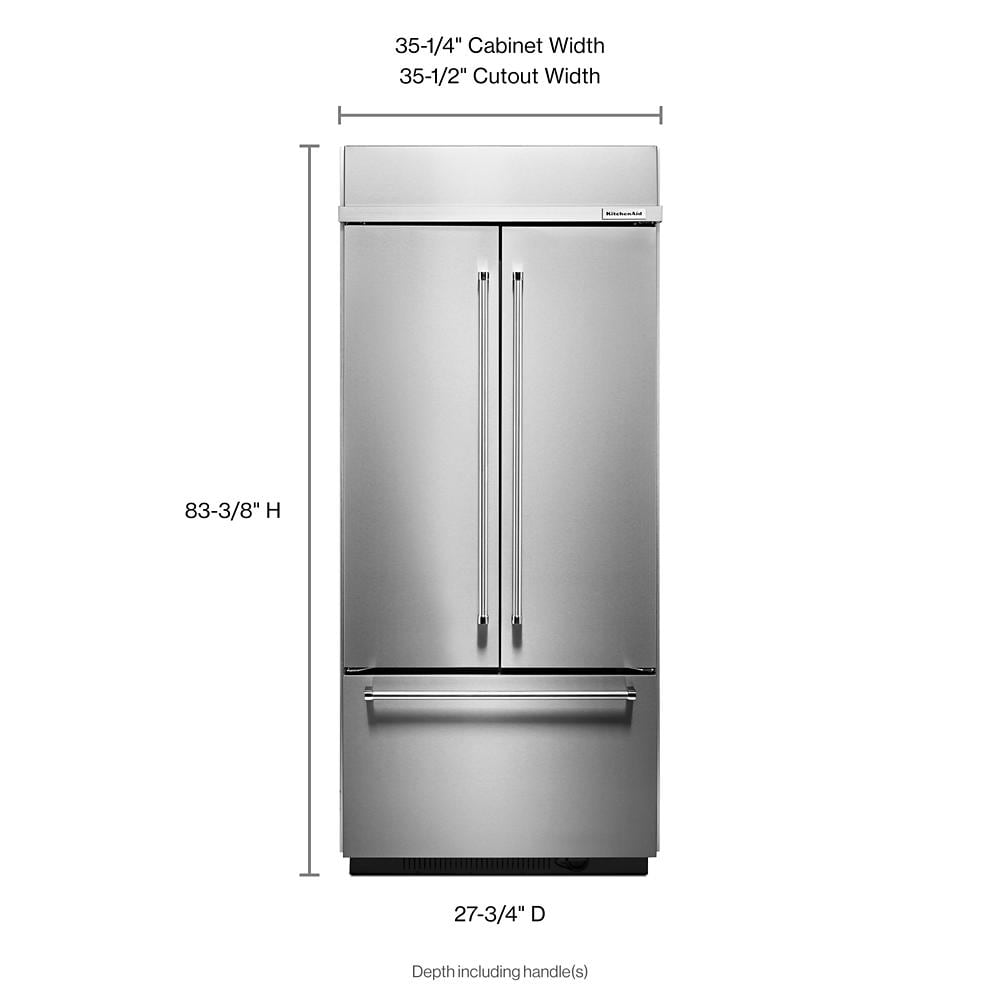 Refrigerador empotrado de puertas francesas y fabricador de hielo de 20.8 pies cúbicos de profundidad estándar de KitchenAid (Acero inoxidable) KBFN506ESS.