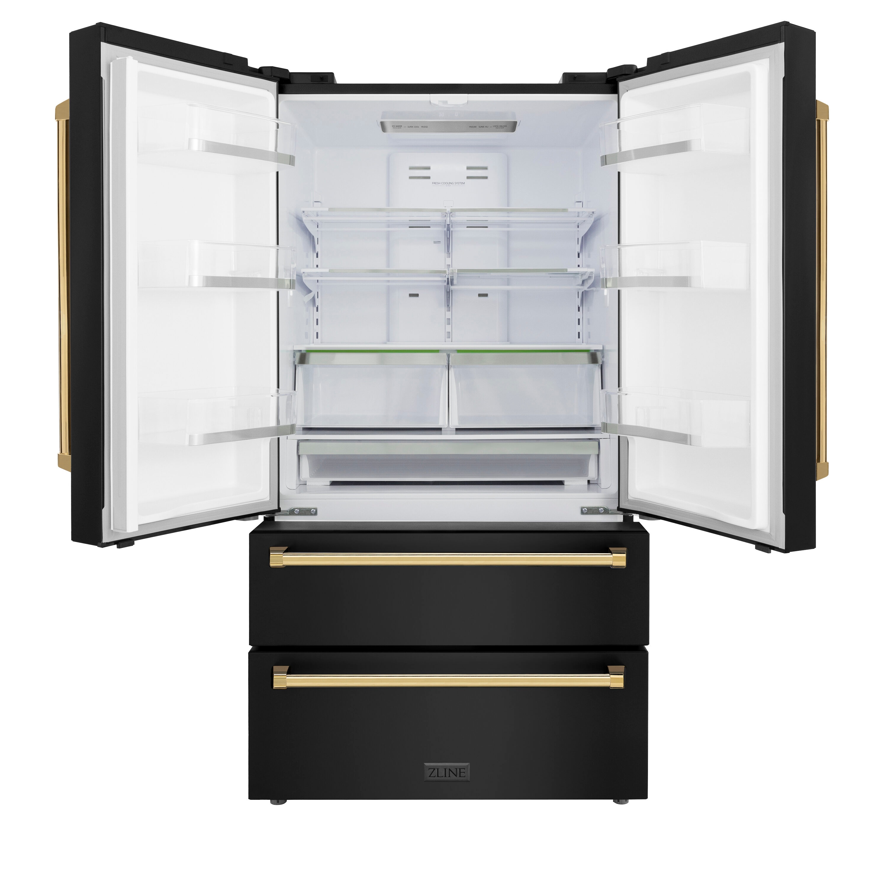 Refrigerador de Puerta Francesa de 4 Puertas de Profundidad de Mostrador de 22.5 pies cúbicos con Fabricador de Hielo y Dispensador de Hielo (Acero Inoxidable Negro Resistente a las Huellas Dactilares con Detalles en Oro Pulido) Certificado ENERGY STAR RFMZ-36-BS-G.
