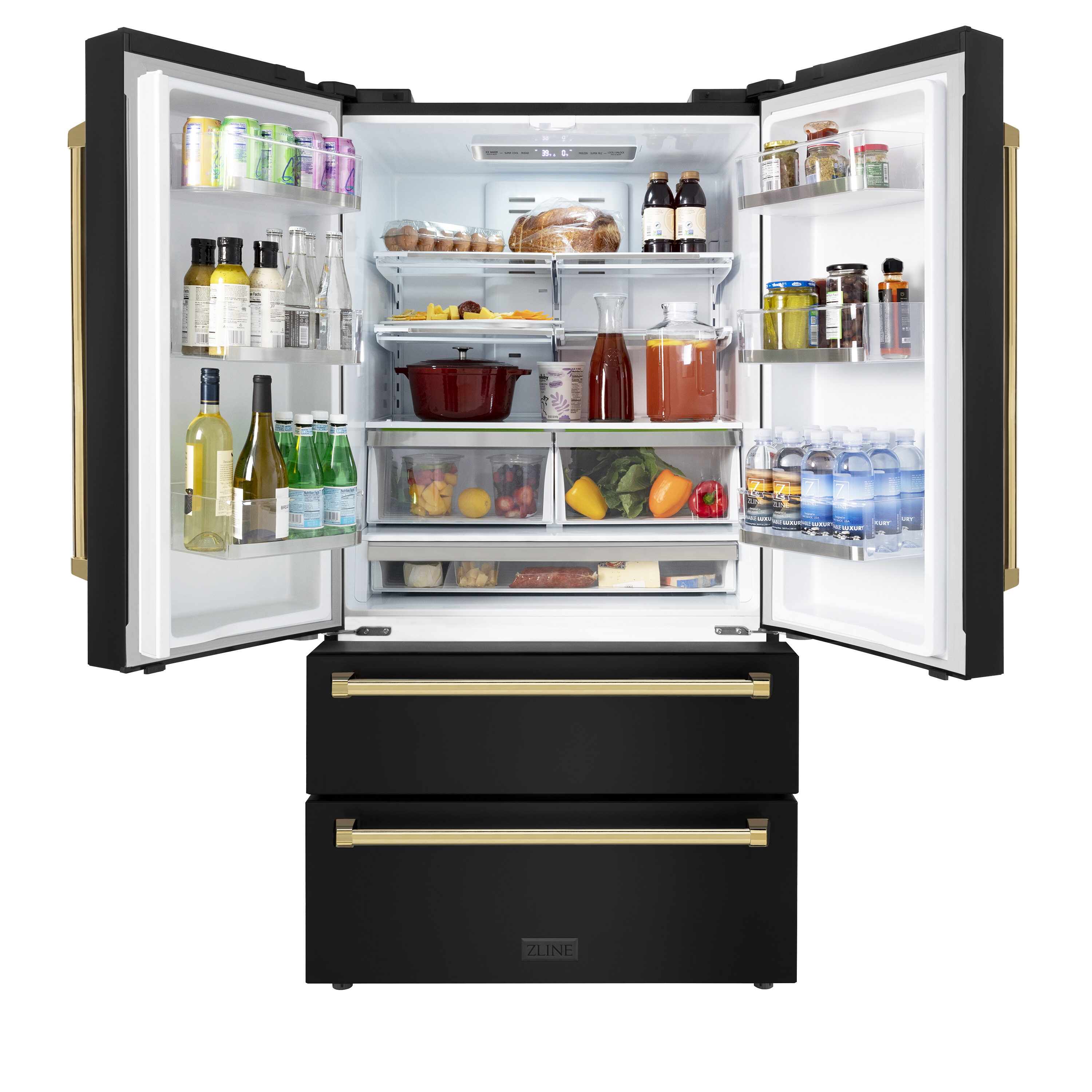 Refrigerador de Puerta Francesa de 4 Puertas de Profundidad de Mostrador de 22.5 pies cúbicos con Fabricador de Hielo y Dispensador de Hielo (Acero Inoxidable Negro Resistente a las Huellas Dactilares con Detalles en Oro Pulido) Certificado ENERGY STAR RFMZ-36-BS-G.
