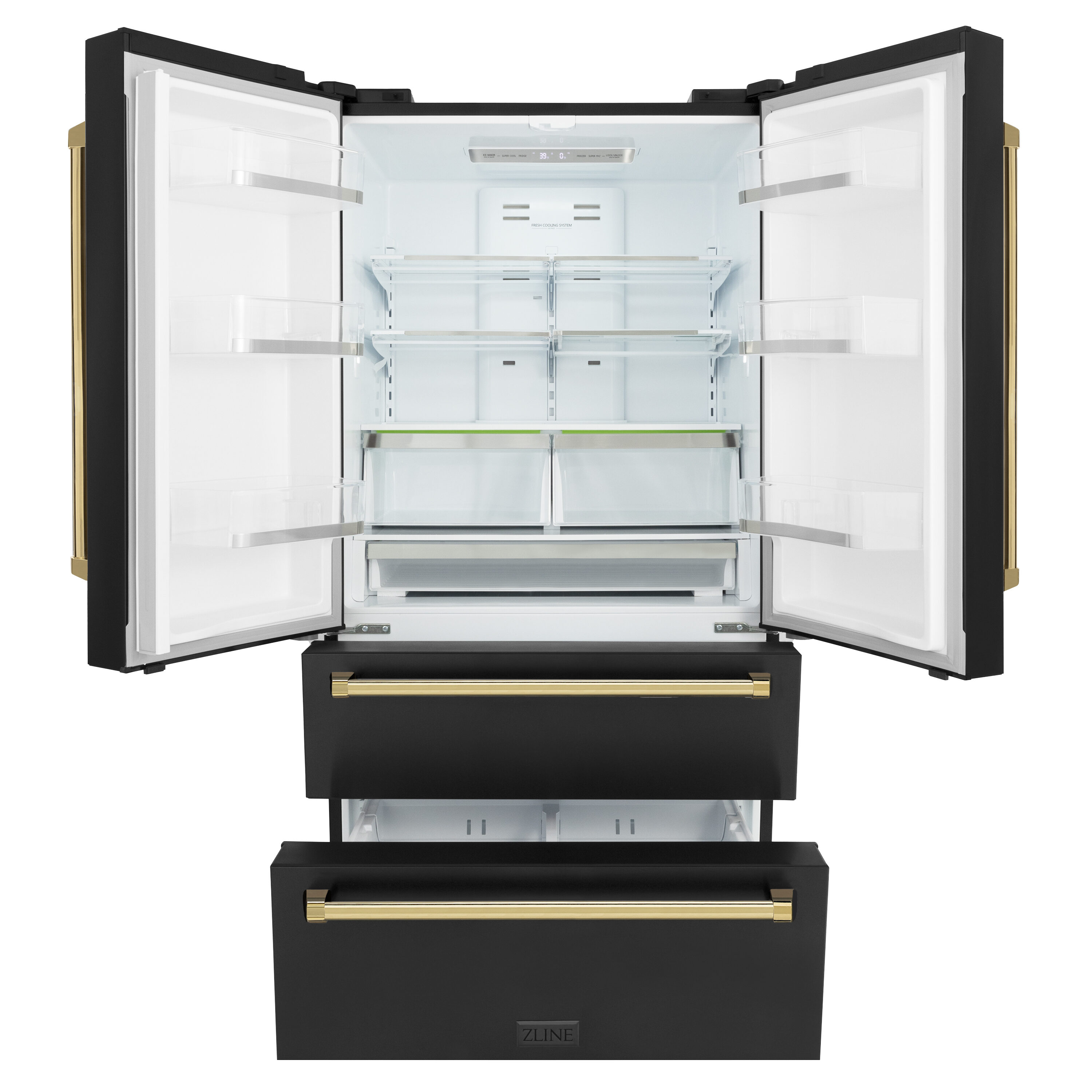 Refrigerador de Puerta Francesa de 4 Puertas de Profundidad de Mostrador de 22.5 pies cúbicos con Fabricador de Hielo y Dispensador de Hielo (Acero Inoxidable Negro Resistente a las Huellas Dactilares con Detalles en Oro Pulido) Certificado ENERGY STAR RFMZ-36-BS-G.