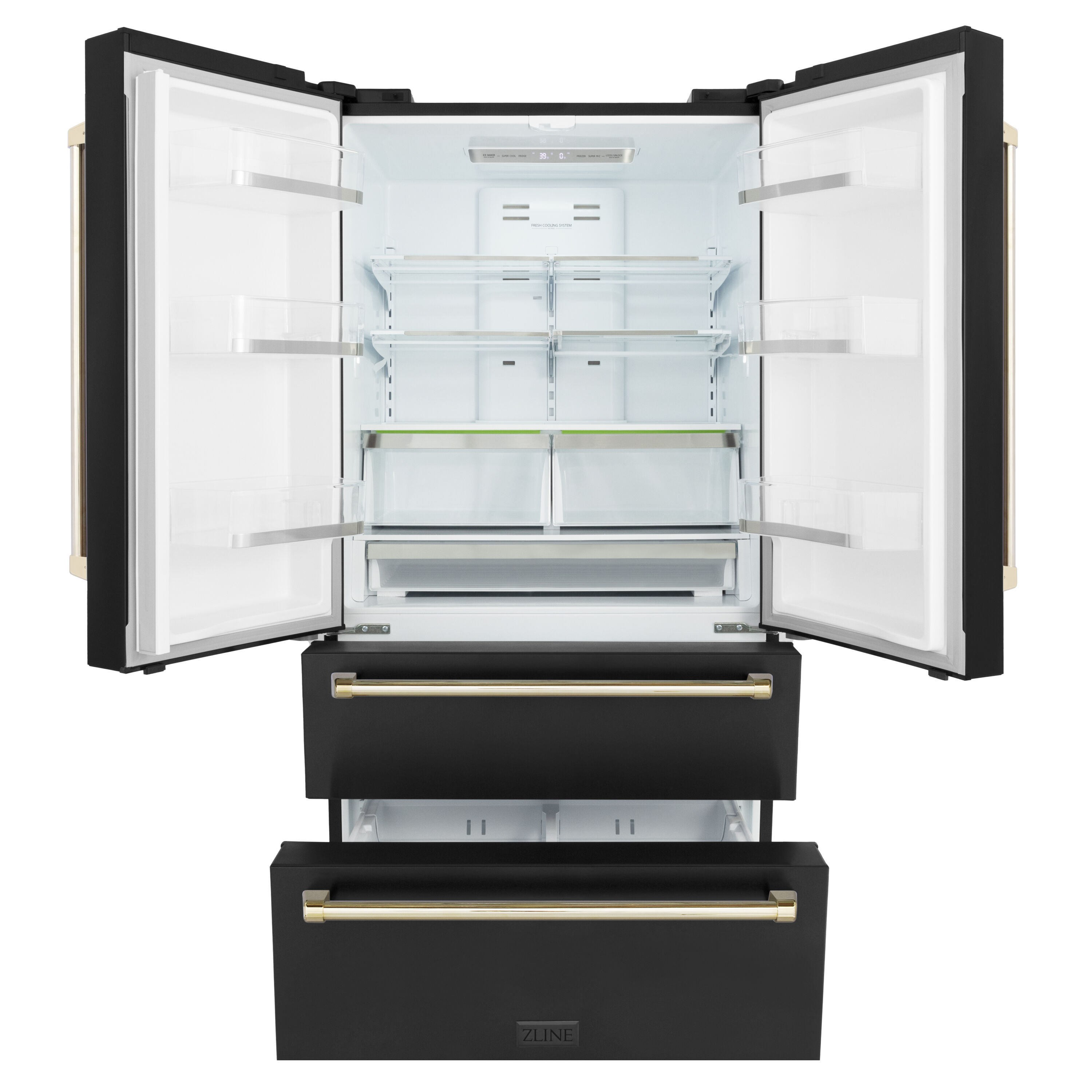 Refrigerador de Puerta Francesa de 4 Puertas de Profundidad de Mostrador de 22.5 pies cúbicos con Fabricador de Hielo y Dispensador de Hielo (Acero Inoxidable Negro Resistente a las Huellas Dactilares con Detalles en Oro Pulido) Certificado ENERGY STAR RFMZ-36-BS-G.