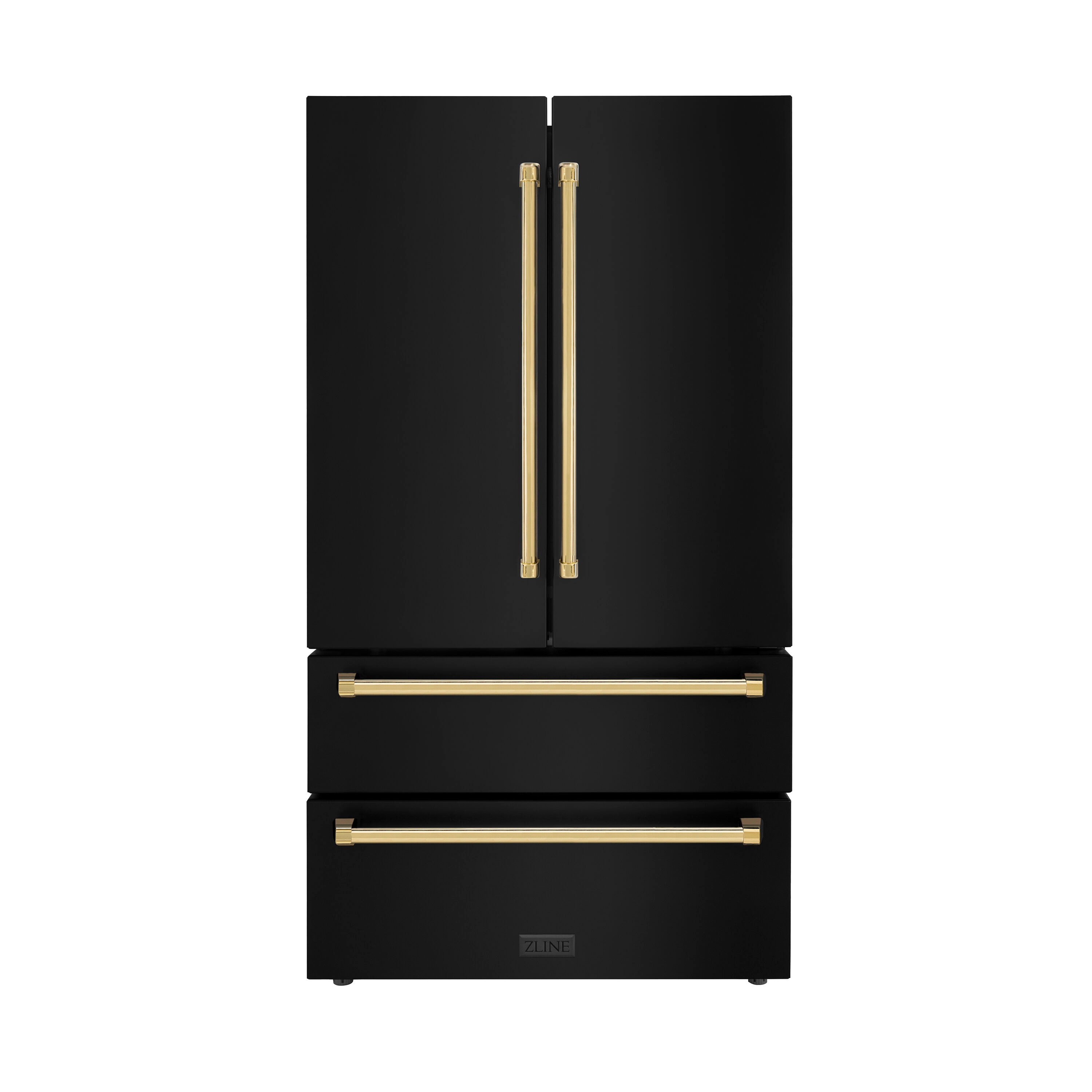 Refrigerador de Puerta Francesa de 4 Puertas de Profundidad de Mostrador de 22.5 pies cúbicos con Fabricador de Hielo y Dispensador de Hielo (Acero Inoxidable Negro Resistente a las Huellas Dactilares con Detalles en Oro Pulido) Certificado ENERGY STAR RFMZ-36-BS-G.