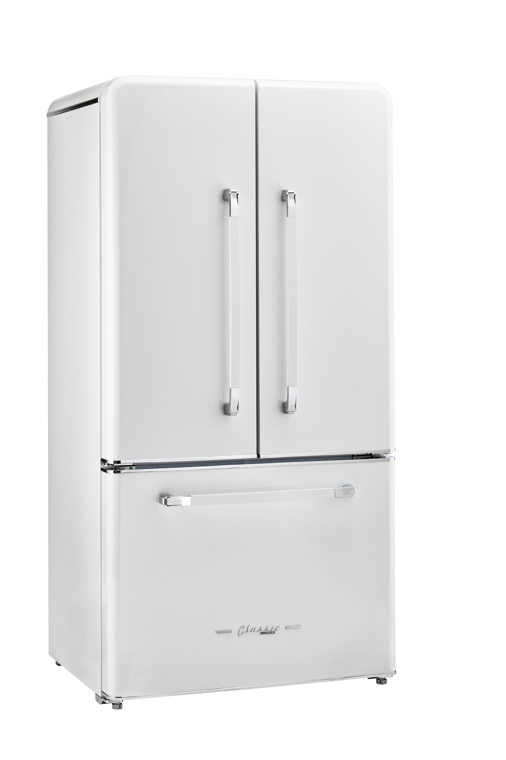 Refrigerador francés de puertas congelador de hielo en color malvavisco UNIQUE Clásico Retro de 21.4 pies cúbicos de profundidad de mostrador con dispensador de hielo. Certificado ENERGY STAR.