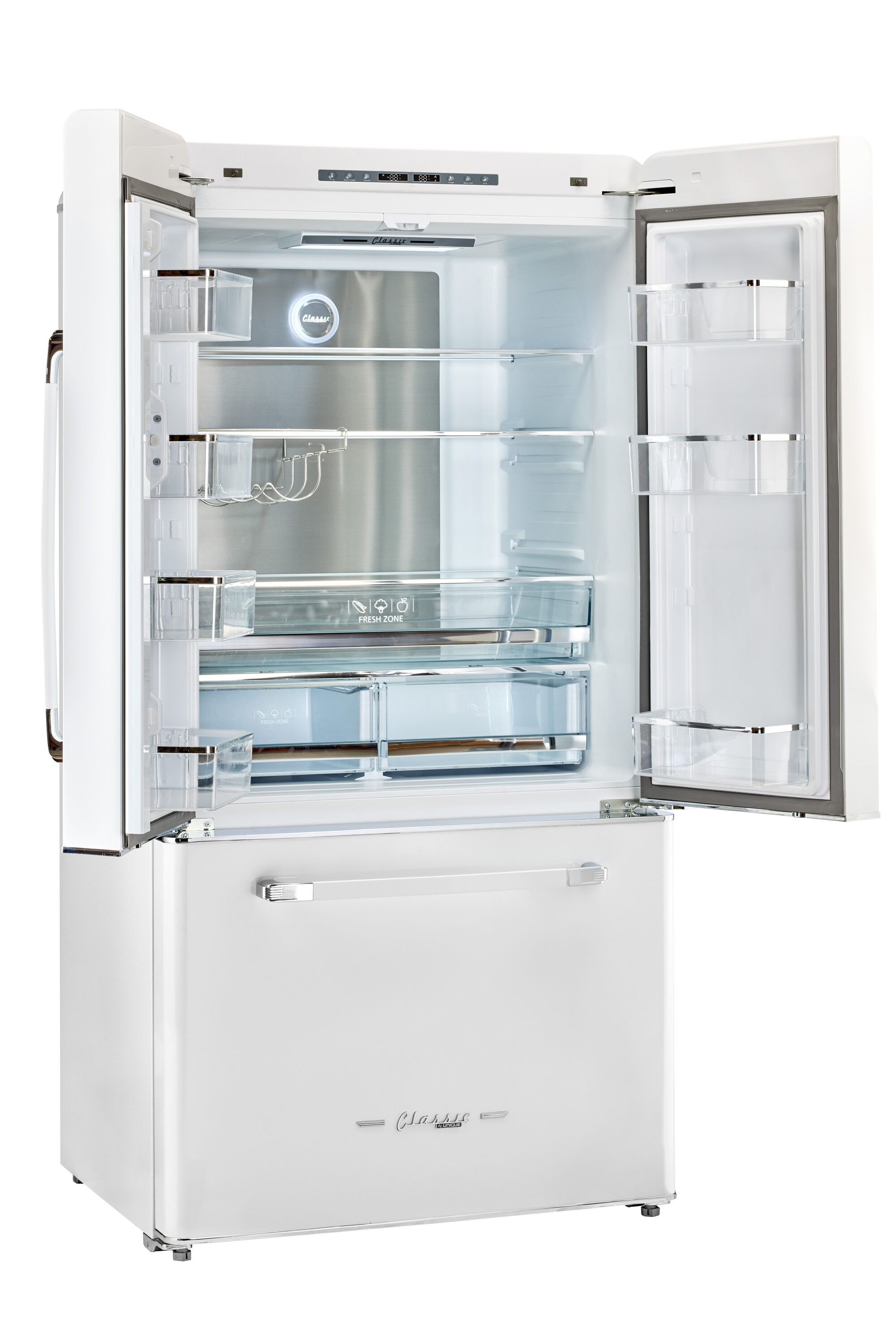 Refrigerador francés de puertas congelador de hielo en color malvavisco UNIQUE Clásico Retro de 21.4 pies cúbicos de profundidad de mostrador con dispensador de hielo. Certificado ENERGY STAR.