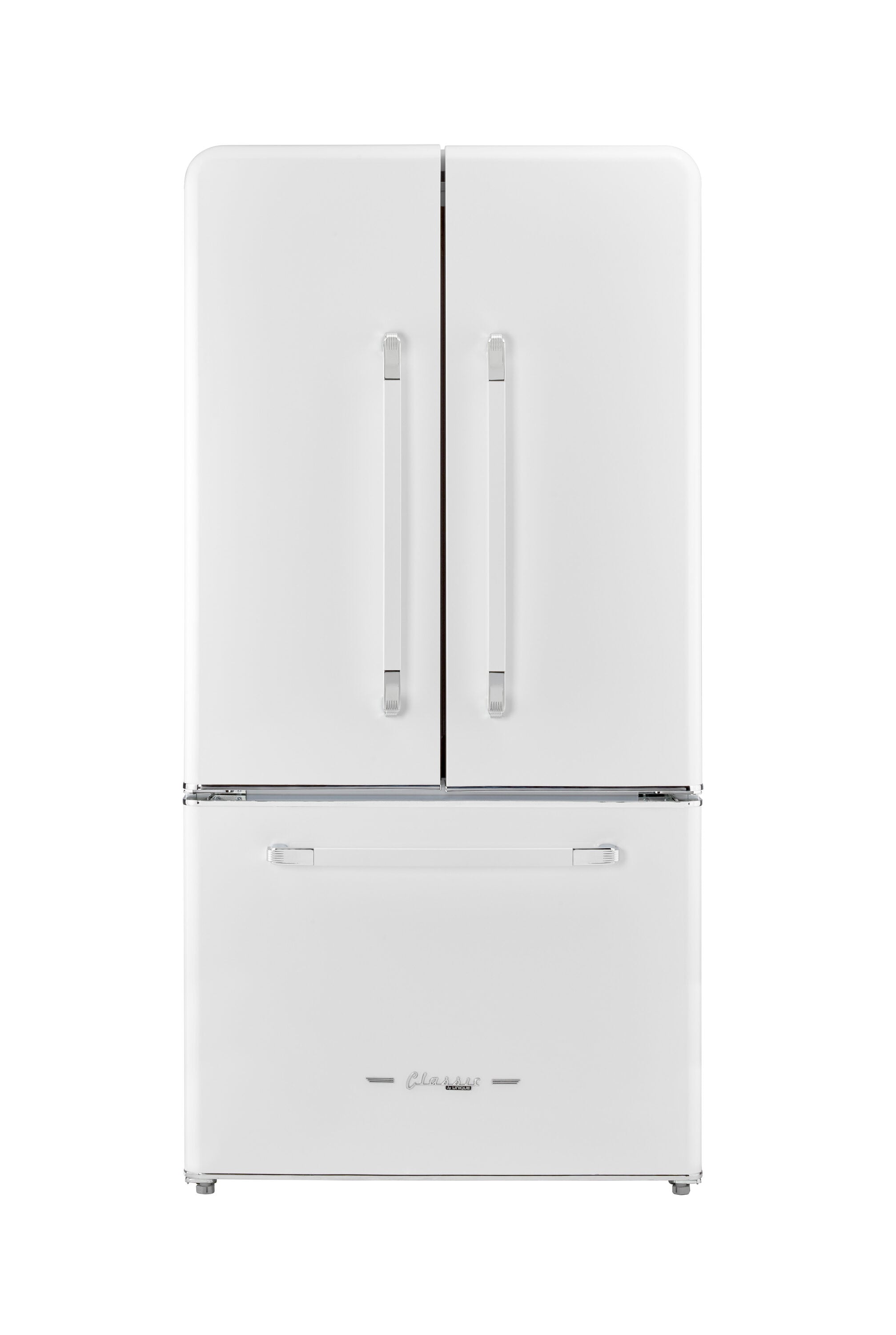 Refrigerador francés de puertas congelador de hielo en color malvavisco UNIQUE Clásico Retro de 21.4 pies cúbicos de profundidad de mostrador con dispensador de hielo. Certificado ENERGY STAR.
