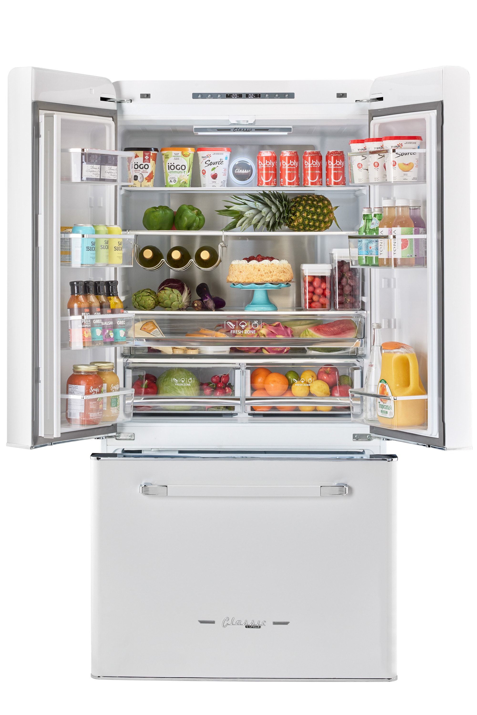 Refrigerador francés de puertas congelador de hielo en color malvavisco UNIQUE Clásico Retro de 21.4 pies cúbicos de profundidad de mostrador con dispensador de hielo. Certificado ENERGY STAR.