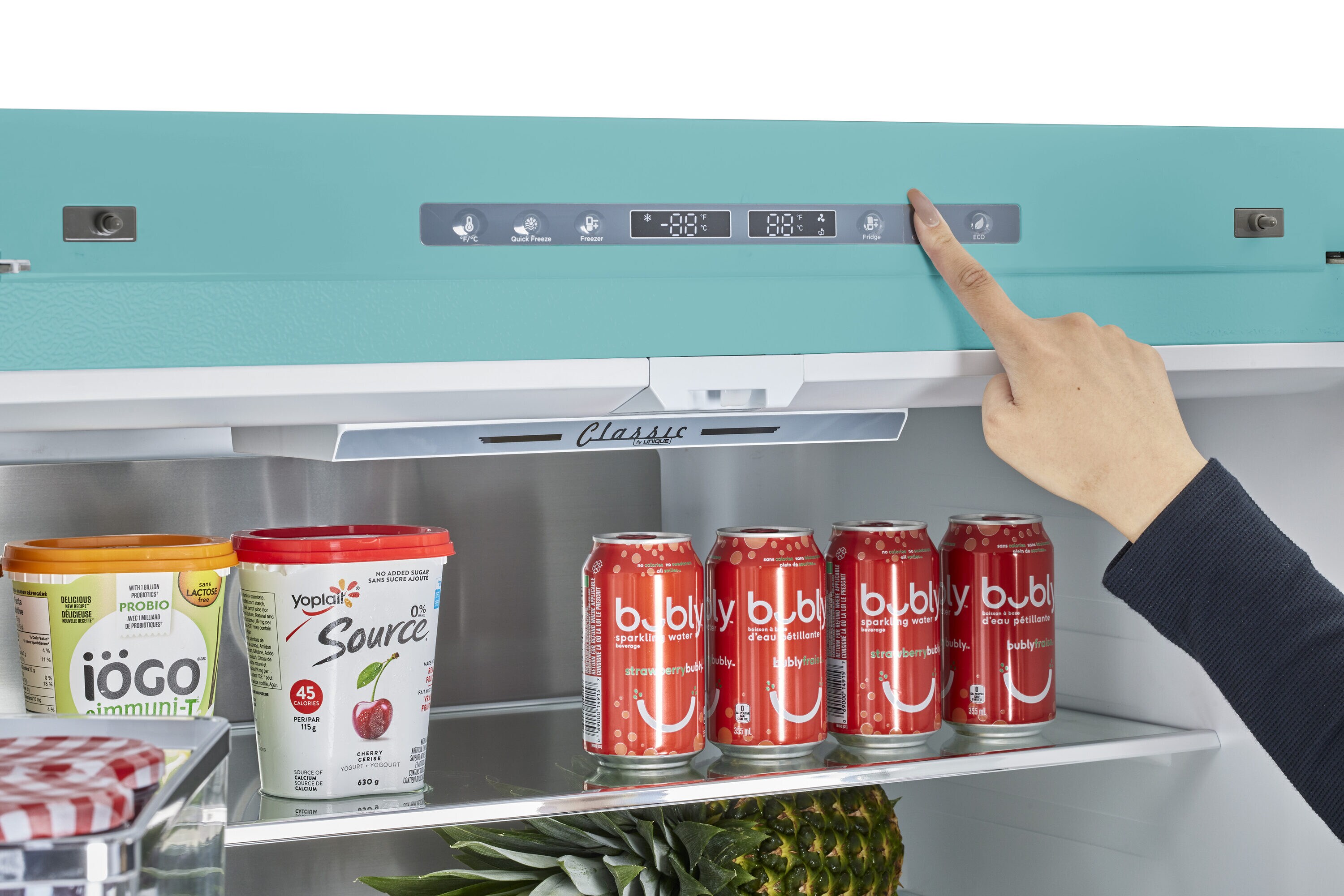 Refrigerador francés de 3 puertas estilo retro clásico UNIQUE con dispensador de hielo (Turquesa Bruma Oceánica)