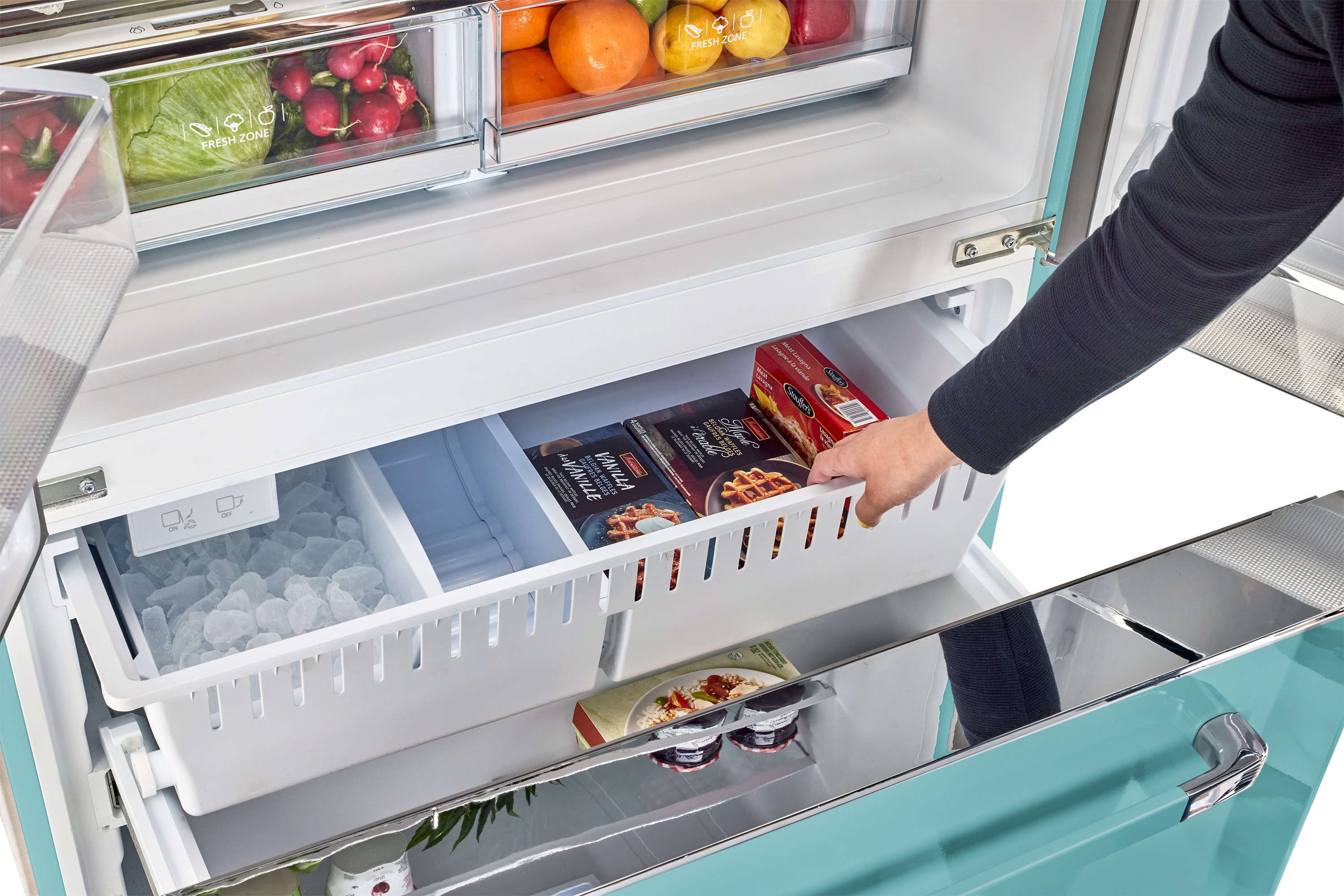 Refrigerador francés de 3 puertas estilo retro clásico UNIQUE con dispensador de hielo (Turquesa Bruma Oceánica)